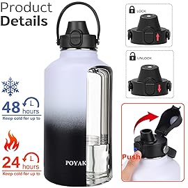 Water Bottle Insulated 32oz 40oz 64oz 128oz Straw Lid Spout Lid & 3 Lids, Leak Proof, Vacuum Insulated,Stainless Steel Water Bottle Wide Mouth for Sports, Gym or Office (64oz Day & Night, 64 oz)