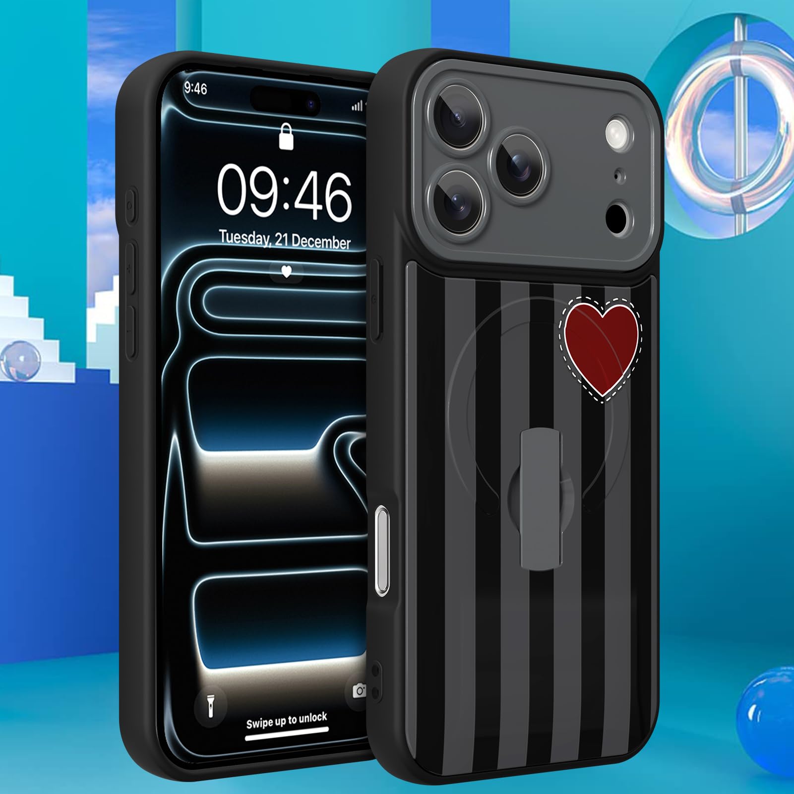 Custodia magnetica per iPhone 17 Pro Max, motivo a righe nere a forma di cuore, cinturino da polso integrato, supporto per mano e dita, compatibile con Magsafe, custodia protettiva completa per