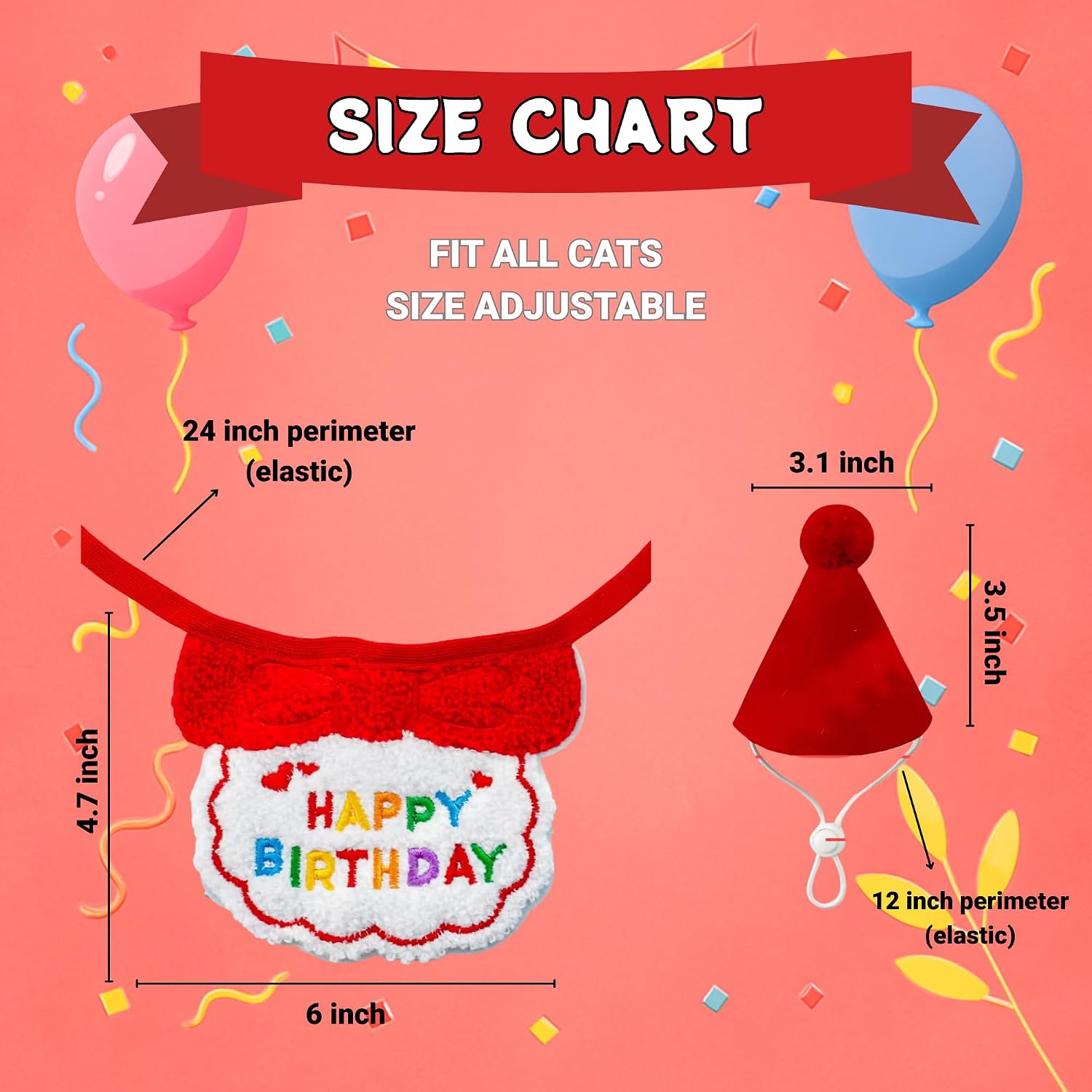 Cat Birthday Red Collar Set – Red Party Collar, Hat & Numbers 0–9 – Adjustable Birthday Outfit for Small to Large Cats image 3