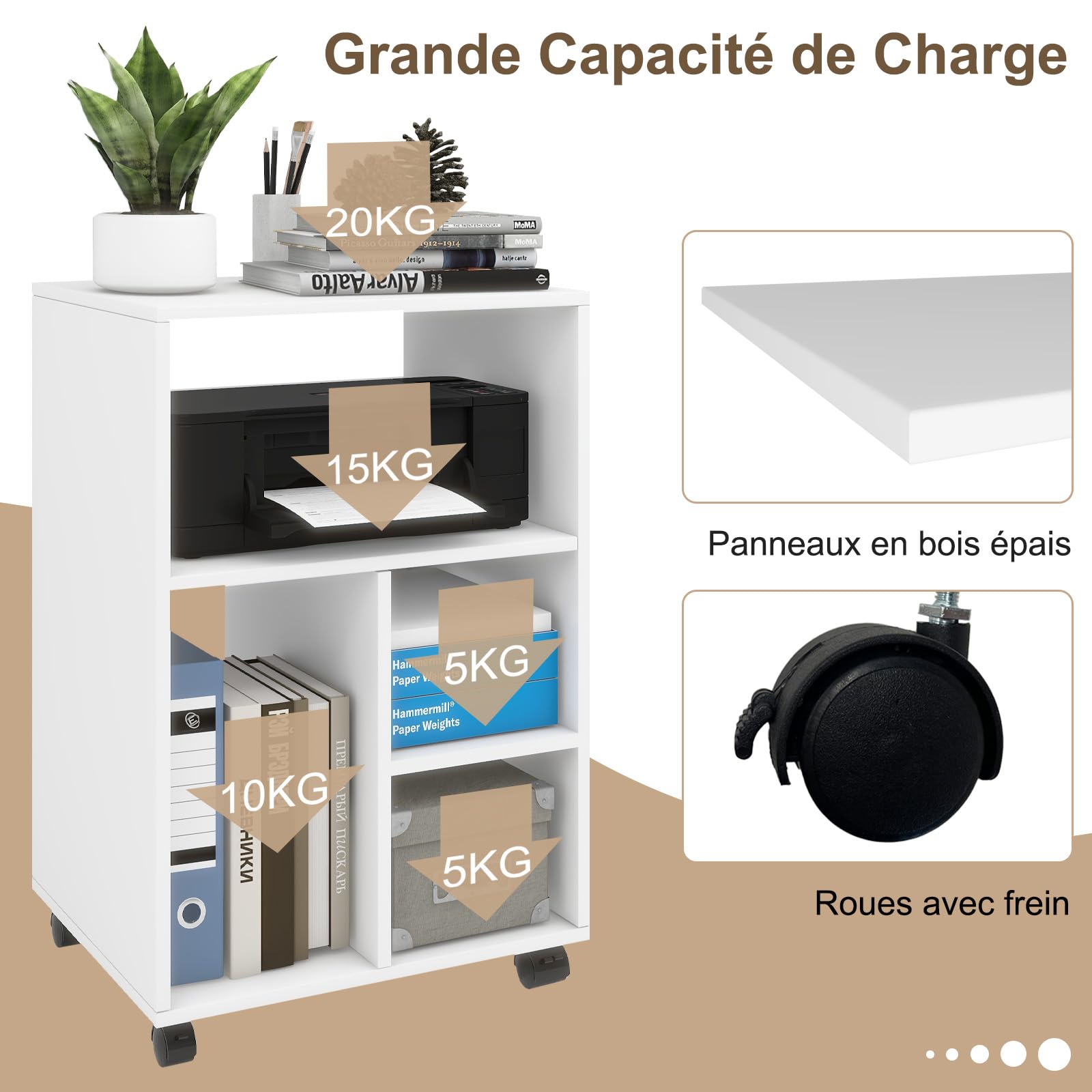 PUNCIA Meuble Imprimante avec Rangement 50x40x75 CM Caisson Bureau (Blanc) | en Bois Support Imprimante Roulettes Meuble Rangement Chariot de Doissier Doucument Chargé 55KG pour Bureau à Domicile