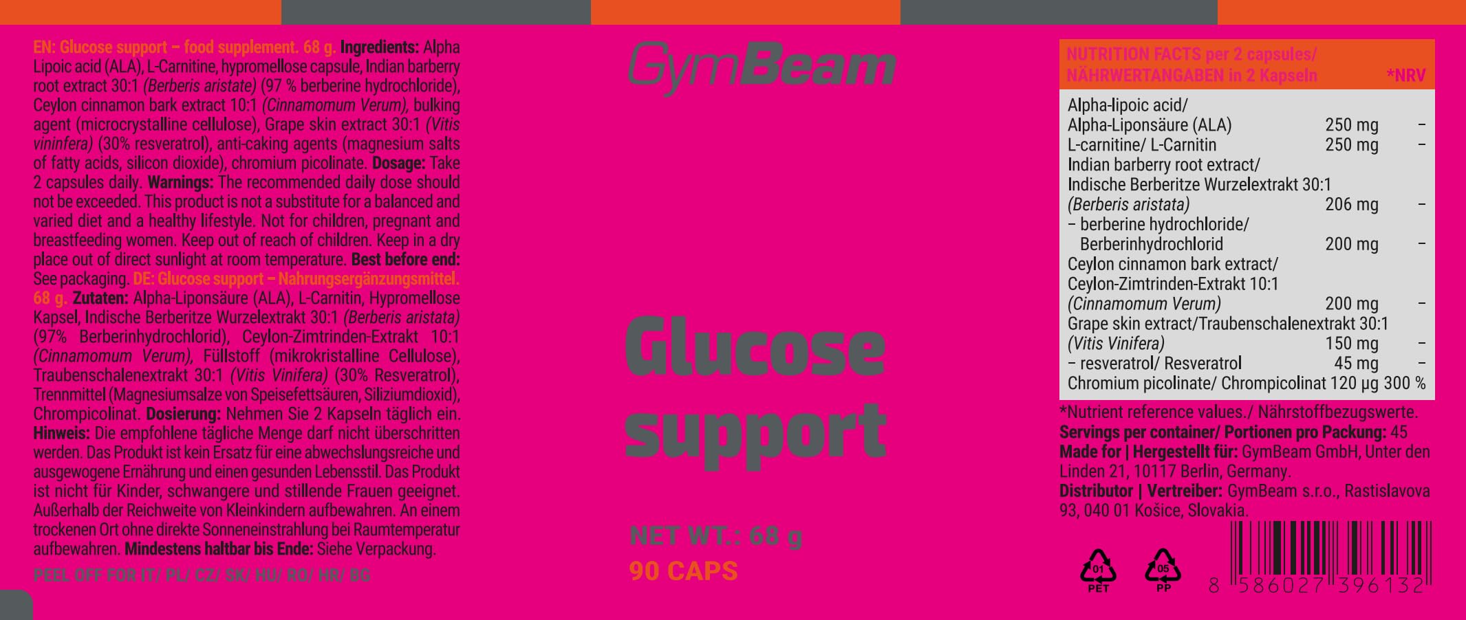GymBeam Glucose Support - Integratore per Glicemia - Formula Completa con 6 Ingredienti Attivi, Berberina e Cromo, Estratti Vegetali, L-Carnitina, Acido Alfa-Lipoico, Capsule Vegane, 90 cps
