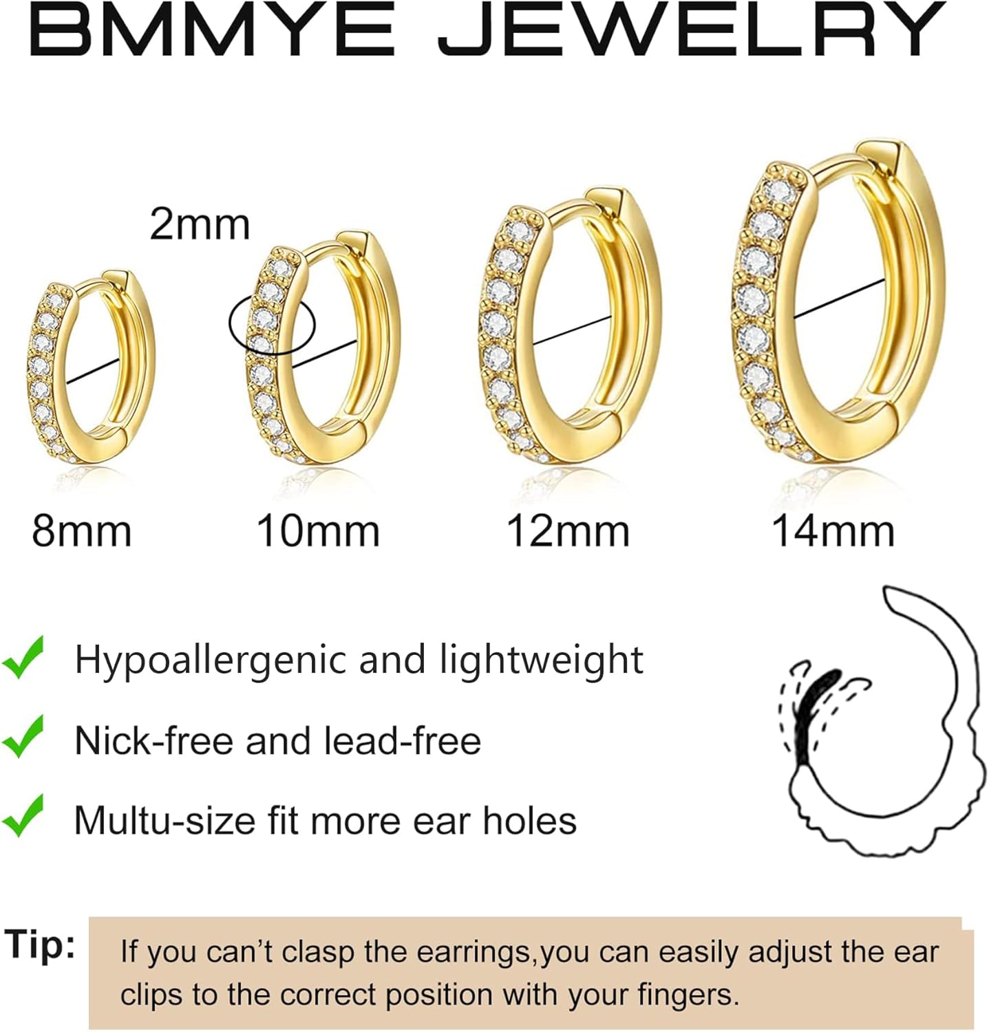 BMMYE Gold Huggie Hoop Earrings for Women Hypoallergenic 14K Gold Plated Mini Hoops Earrings Set for Multiple Piercing Lightweight Small Hoop Earrings Stack Jewelry for Gifts - Image 3