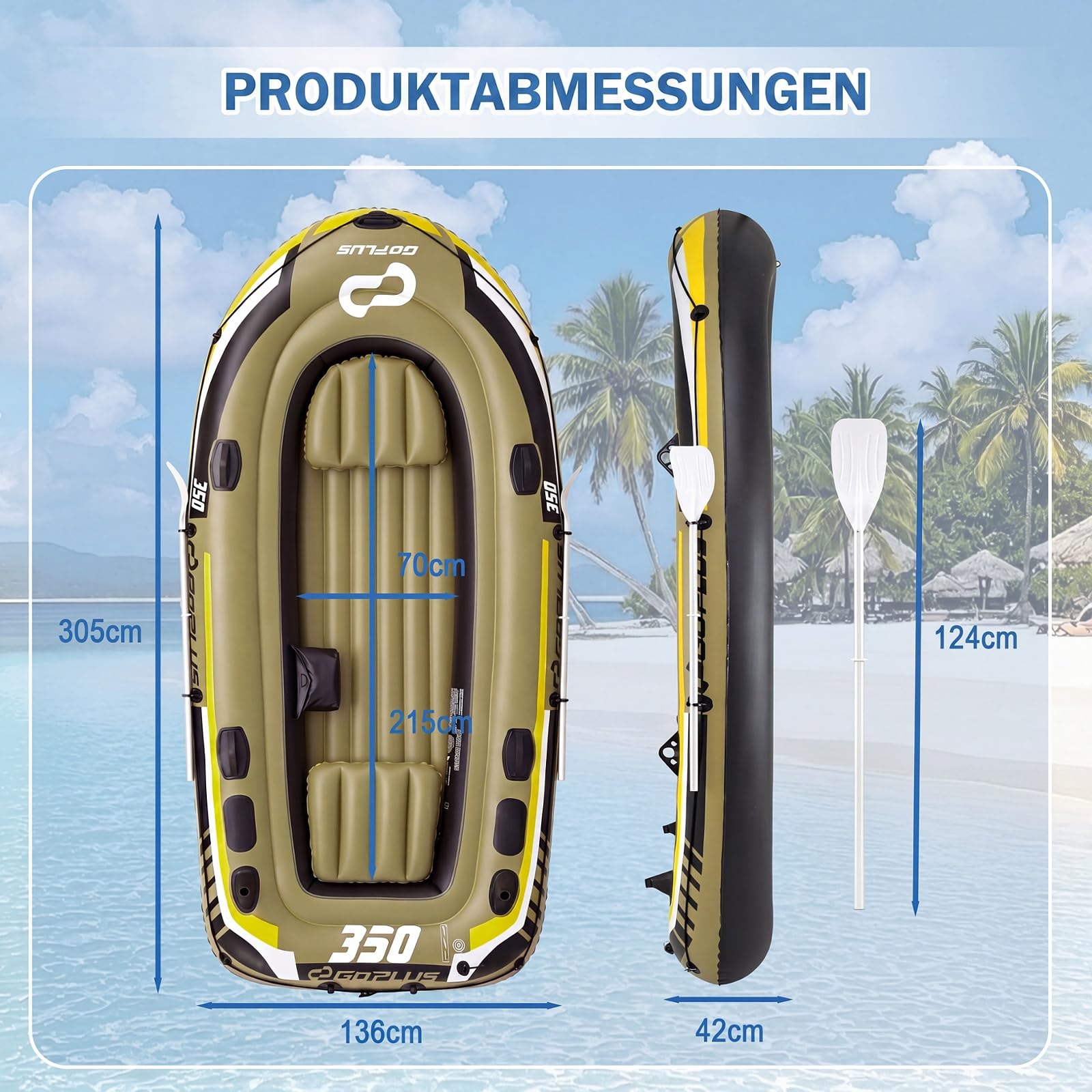 COSTWAY Schlauchboot für 3 Personen, aufblasbares Boot mit 2 Paddeln, Handpumpe, Fischmaßbändern & Angelrutenhaltern, 305 x 136 x 42 cm