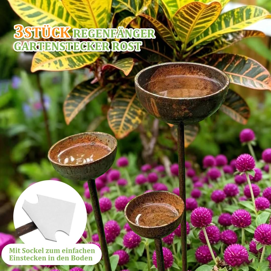 3Stück Regenfänger Gartenstecker Rost, Insektentränke Garten, Wassertränke für Vögel, Bienentränke für den Garten, Wassertränke für Vögel, Metall Gartendeko Rost für Draußen 60cm