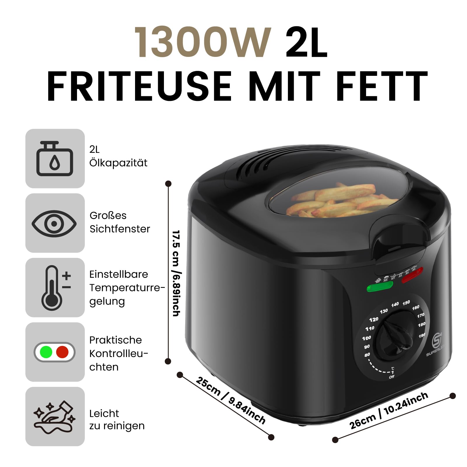 Frytkownica z tłuszczem, 2 l, elektryczna 1300 W, kompaktowa mini frytkownica, olej z regulacją temperatury, filtr ze stali nierdzewnej, do chrupiących frytek, kurczaka, ryb, przekąsek do