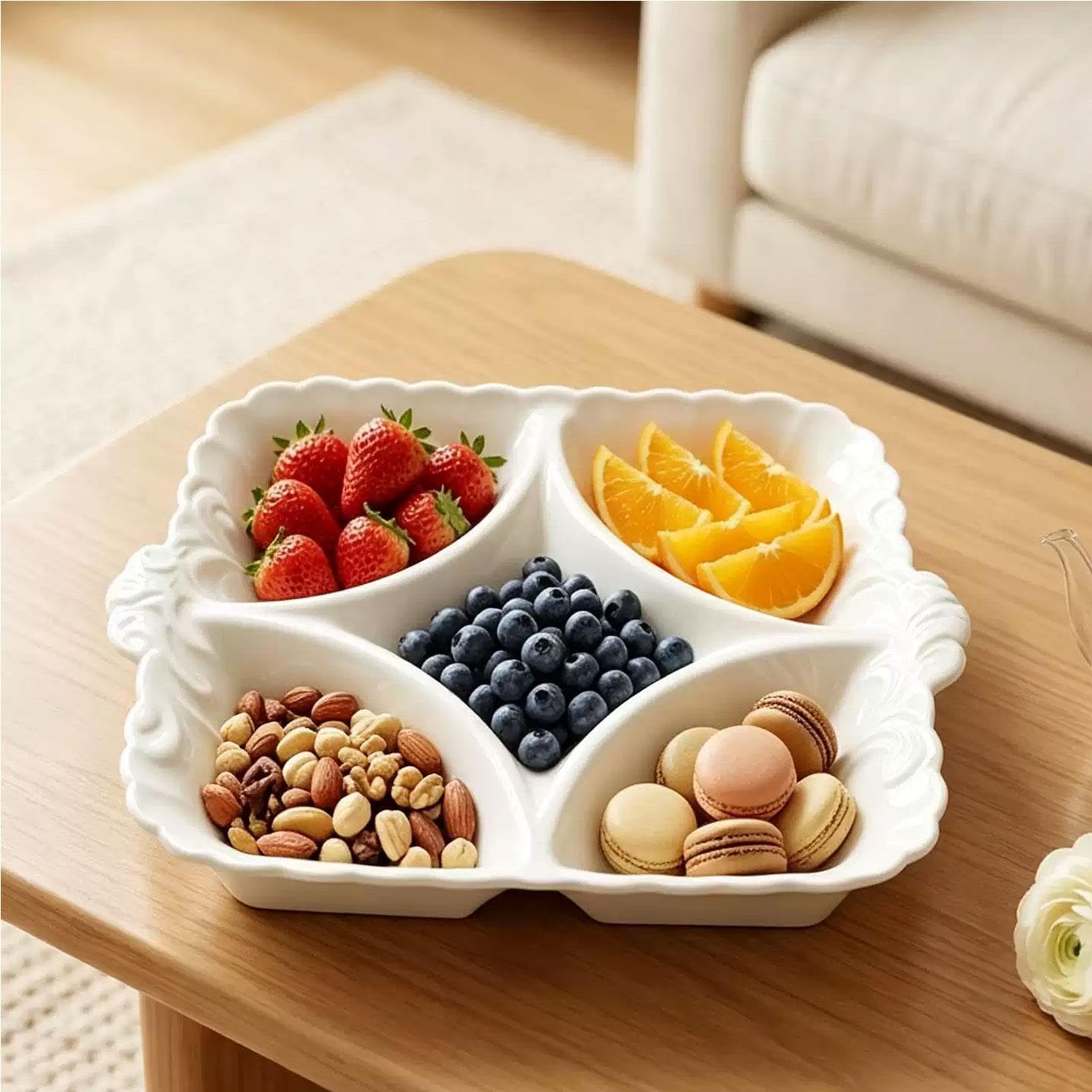 Plateau de service pour chips et trempettes en céramique, plat de service en céramique, assiettes à salade de cuisine en relief, passe au micro-ondes et au lave-vaisselle(Round)