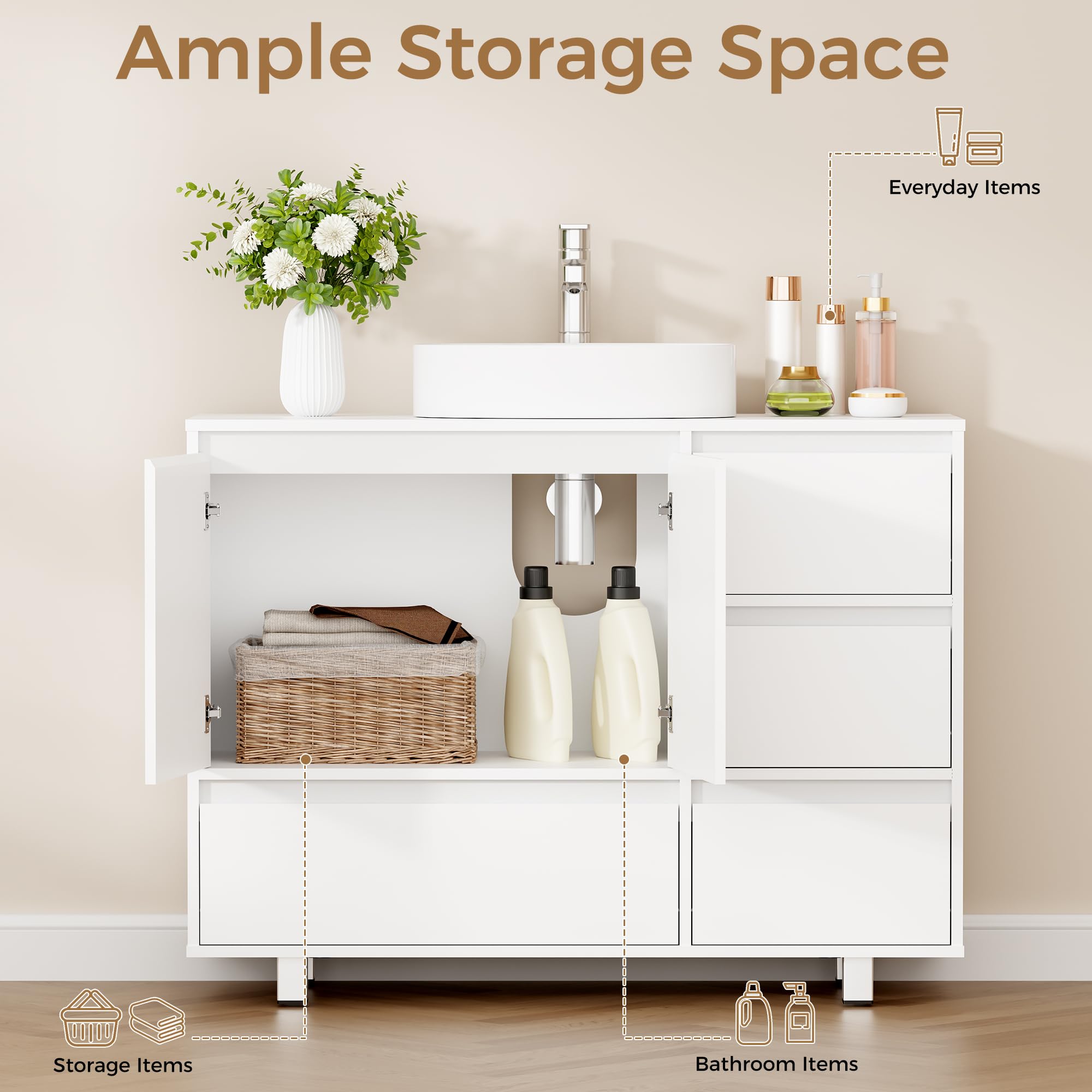 ANWBROAD Mobile Sottolavabo per Bagno Bianco,Mobile Bagno Sottolavabo