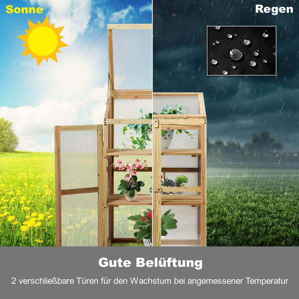 RELAX4LIFE 3-stufiges hölzernes Frühbeet, Anzuchthaus für Blumentöpfe, Gewächshaus mit Polycarbonat-Platten & Deckel, Hochbeet Transparent, 60 x 45 x 100 cm, Treibhaus für Garten & Balkon & Veranda