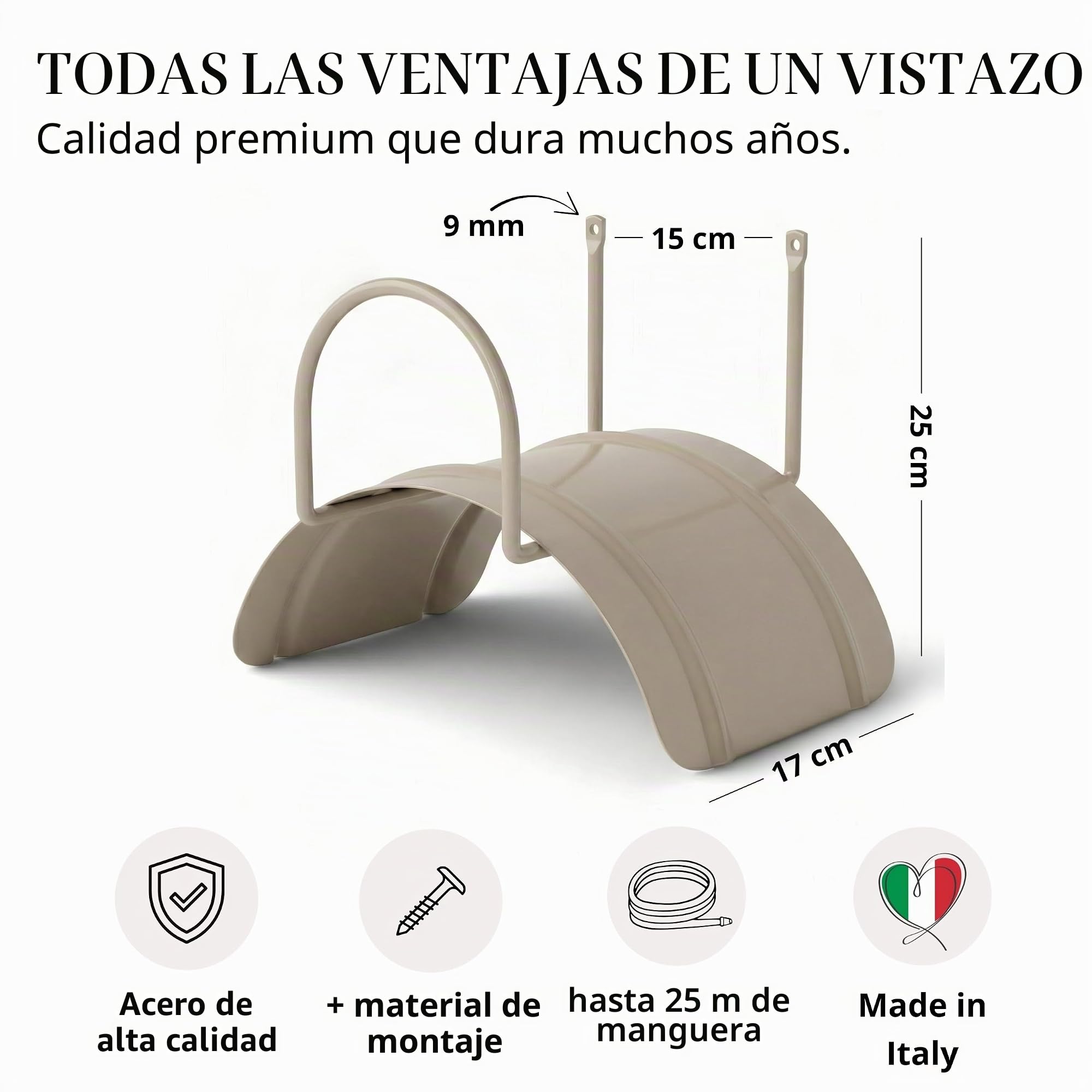 Soporte para manguera de jardín fabricado en Italia, de acero pulverizado, apto para manguera de hasta 25 m, soporte de pared con tornillos y tacos, arena