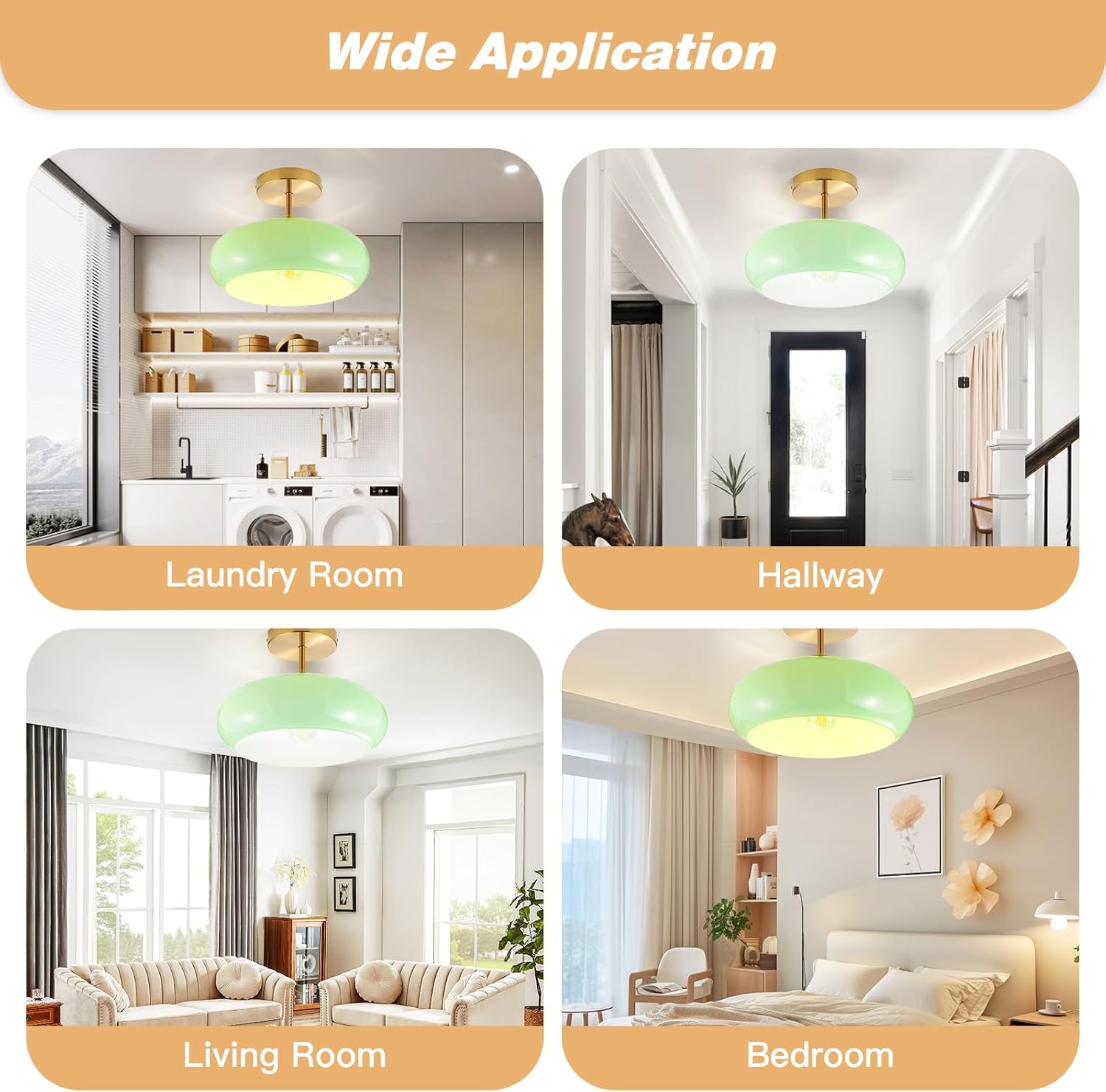 11 Inch Semi Flush Mount Ceiling Light Fixture, Mid Century Modern Lamp with Green Glass Shade, Kitchen Close to Ceiling Lamp for Entryway Bathroom Bedroom Porch Dining Room Laundry Office