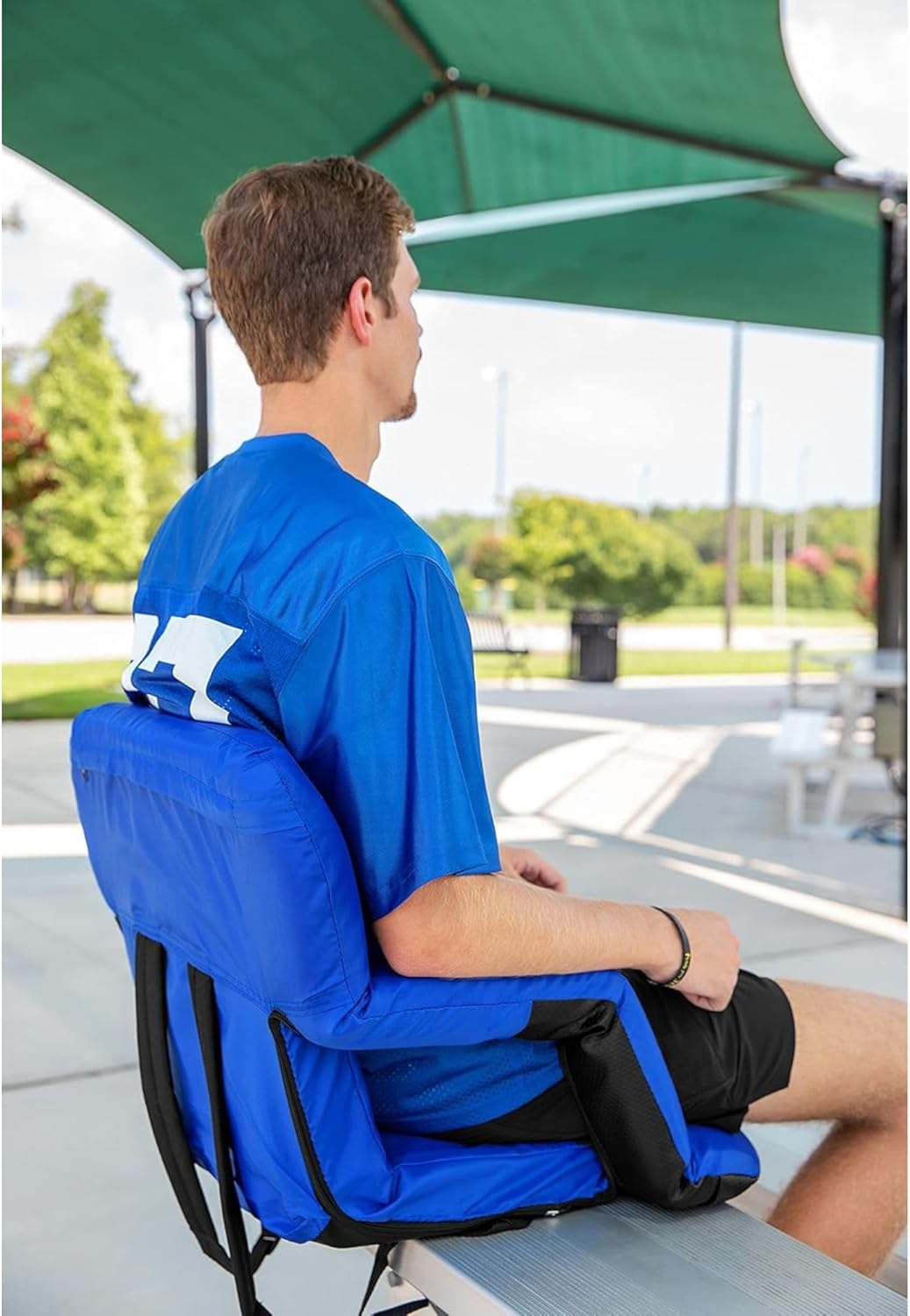 Camco 4 Pack 16” x 20” Portable Reclining Stadium Seat, Foldable Polyester Cushioned Chair with Steel Frame, Back Support, Armrests, and Storage, Blue