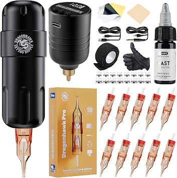 Dragonhawk Tattoo Gun Kit Cordless Tattoo Machine Pen Kit Complete Tattoo Kit Pro Cartridge Needle Coreless Motor 3.5mm Stroke Length