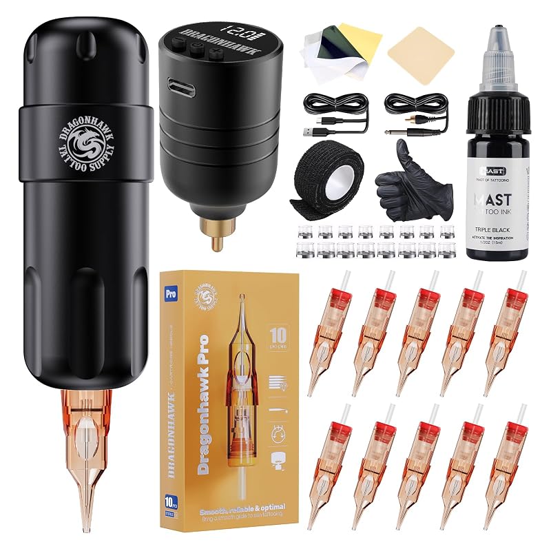 Dragonhawk Kit para Tatuagem com Caneta Curta, curso fixo de 3,5 mm e bateria B2 sem fio