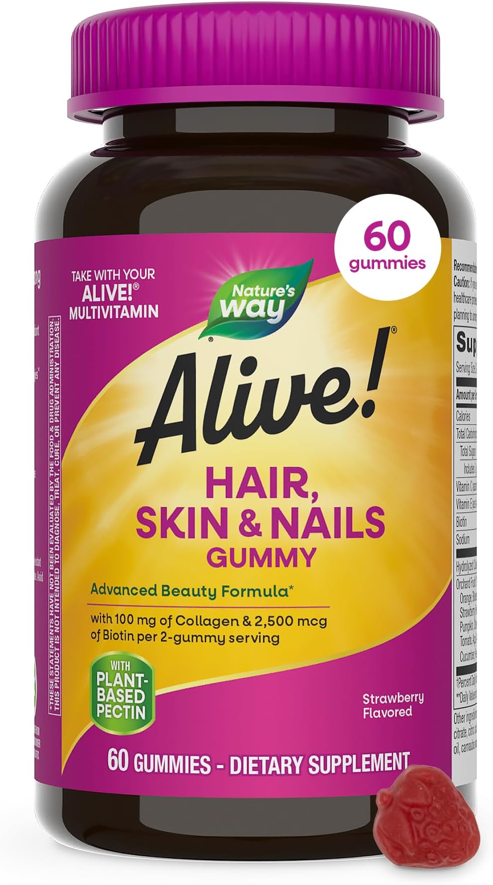Nature’s Way Alive! Hair, Skin & Nails Gummies with Collagen and Biotin, Advanced Beauty Formula Supplement with Antioxidant Vitamins C & E*, Strawberry Flavored, 60 Gummies