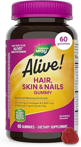 Nature's Way Alive! Gomitas para el cabello, piel y uñas suplemento dietético, fórmula avanzada de belleza*, con colágeno 100 mg y biotina 2500 mcg