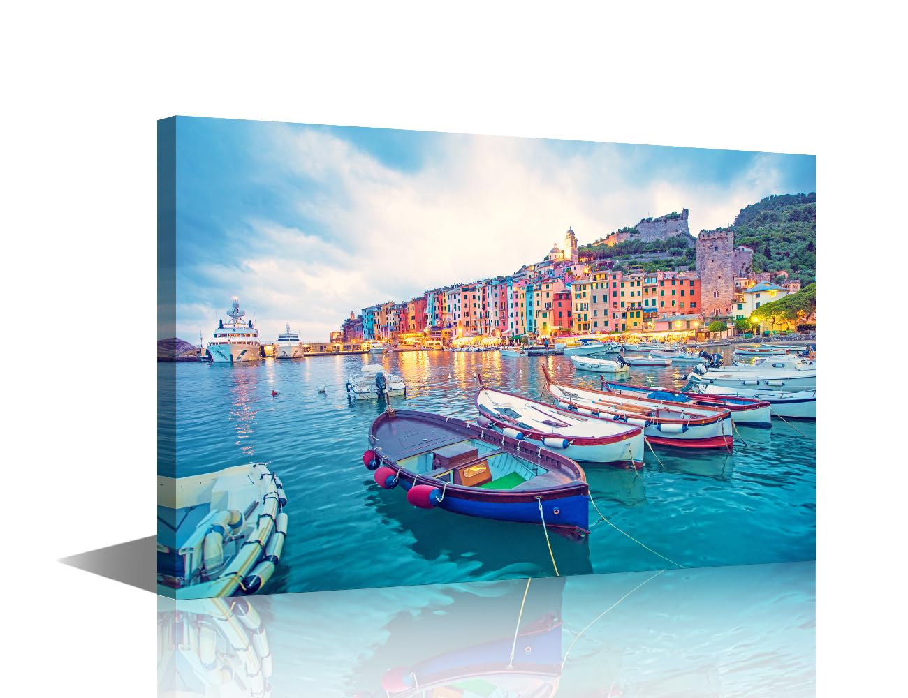1 Panels Italy Colorful Houses Scenery Canvas Wall Art Colorful Boat View of the Harbor Paintings Prints on Canvas Modern Artwork Pictures for Living Room Bedroom Framed Ready to Hang 12" Wx18 H