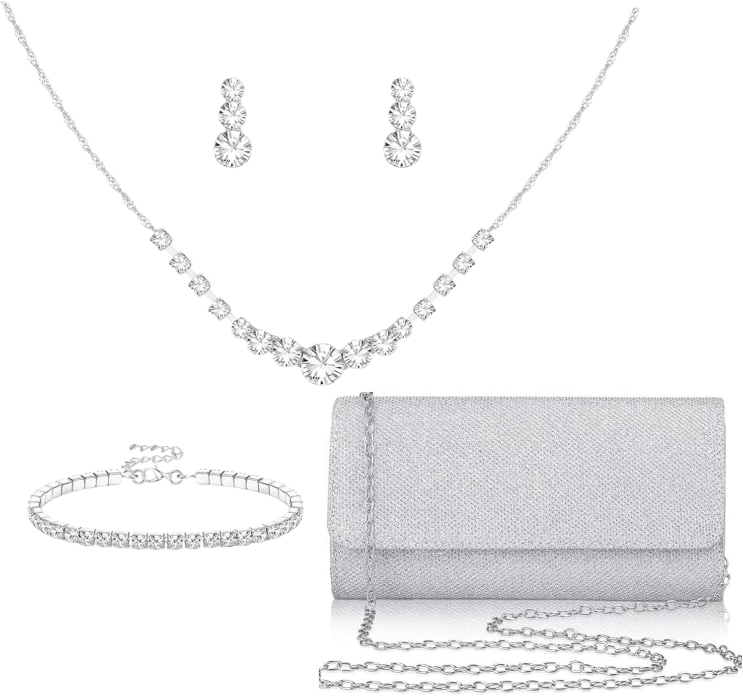 Silver Jewelry Set for Women Rhinestone Prom Choker Necklace Earrings Bracelet Clutch Purse Silver Accessories Bride Bridesmaid Crystal Bridal Jewelry for Wedding Engagement Party Prom Accessories