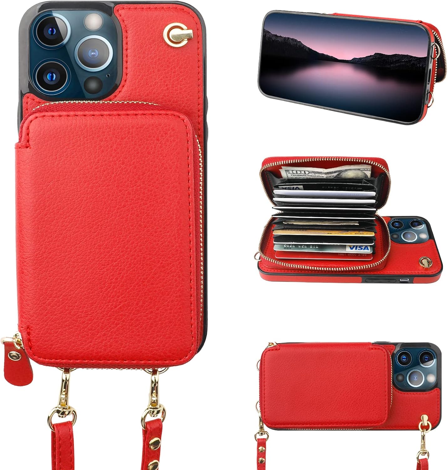 Bocasal Crossbody Wallet Case for iPhone 13 Pro, RFID Blocking Leather Purse Case with Card Holder, Protective Handbag Flip Cover with Zipper Wrist Strap Lanyard for Women 5G 6.1 Inch (Red)