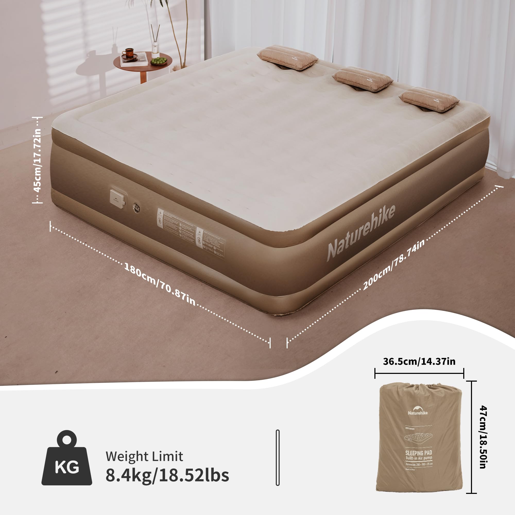Naturehike Luftmatratze 3 Personen Selbstaufblasend 200x180x45cm mit Akkupumpe Camping