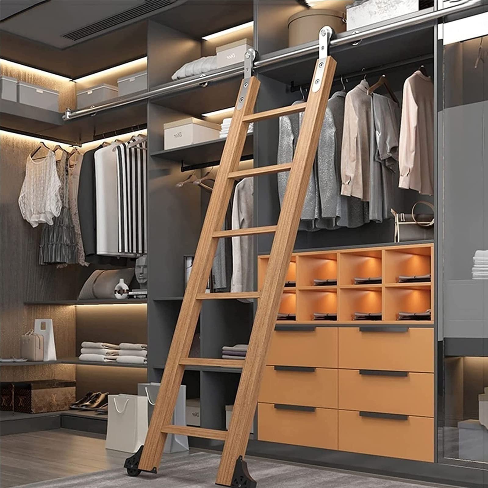 Kit di Ferramenta Scala della Libreria Rotolamento - Set Ferramenta di Binario Porta Scorrevole, Tubo Tondo in Acciaio Mobile per Casa/Interni/Loft, con Ruote A Rulli A Pavimento
