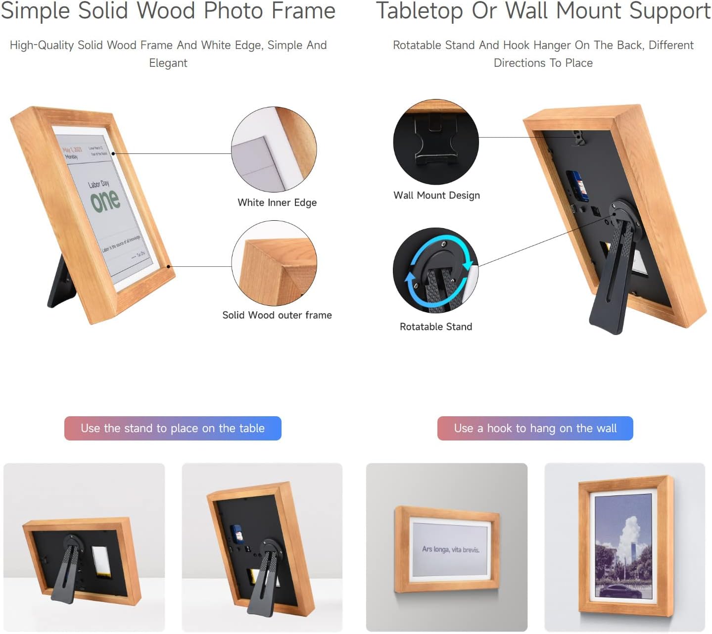 Images demonstrating the rotatable stand and wall mount options for the Waveshare E-Paper Photo Frame, showing horizontal and vertical placement.