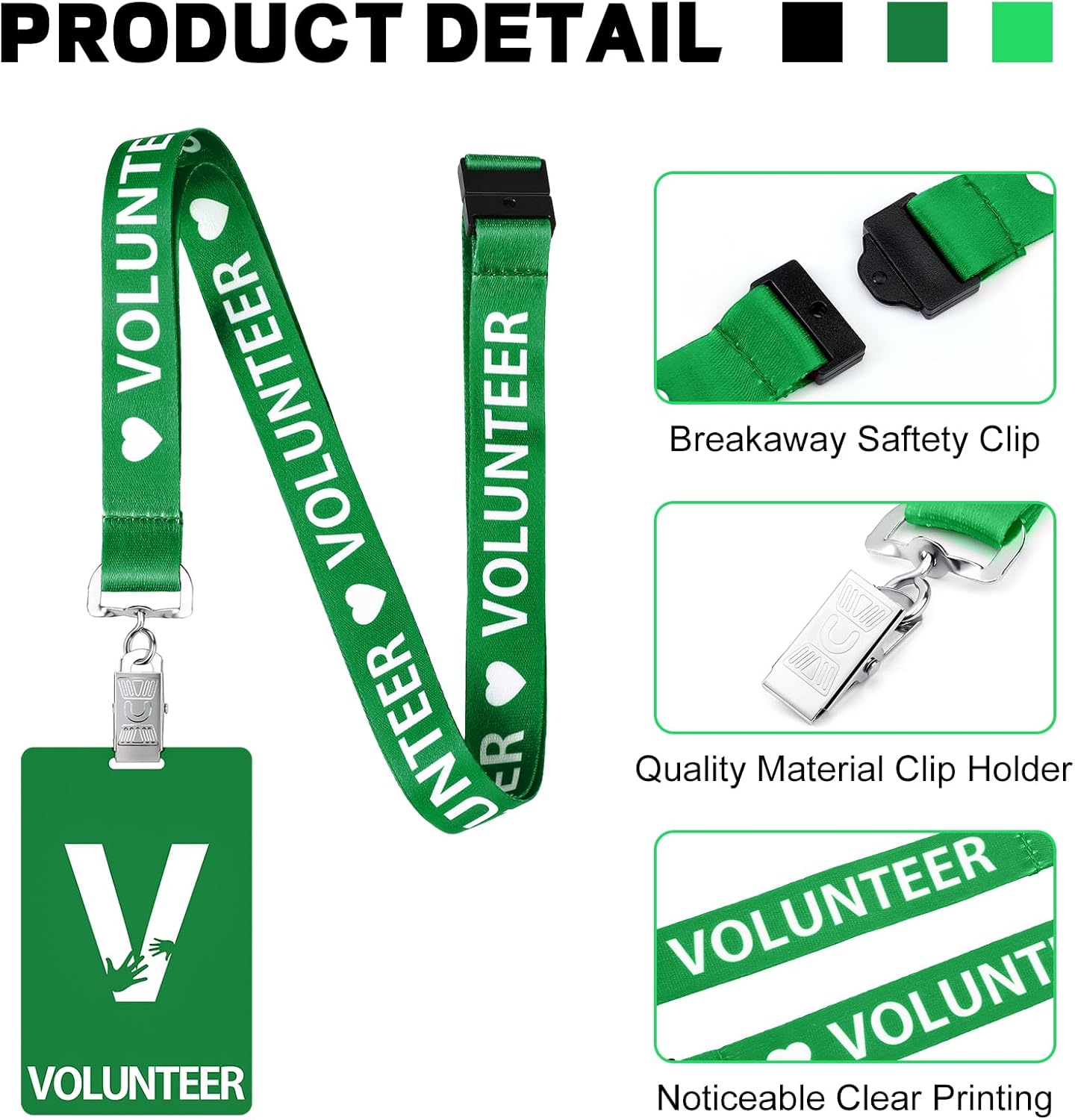 Colarr 25 Pack Volunteer Lanyard with PVC Plastic Card Pass Volunteer Identification ID Badges Bulk Breakaway Lanyard for Activity, Fundraising, Church, School, Events(Green)