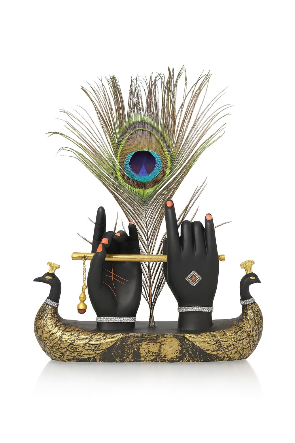 Mariner's Creation Decorative Krishna Hand Showpiece with Metal Flute and Peacock Feather for Home Decor Living Room and Pooja Room and Gift, Black and Gold Base, 23x6x15 cm, Religious Home Decor
