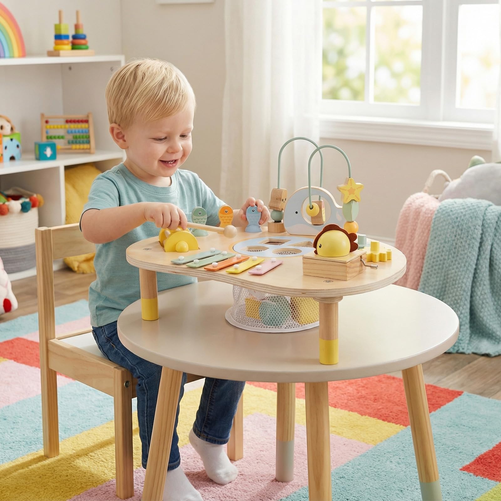 FANTASK Mesa de Actividades de Madera, Mesa de Motor Montessori para niños a Partir de 1 año, Juguete Educativo con bucles Motores, Juego de Pesca, xilófono, Caja de música y clasificador de Formas
