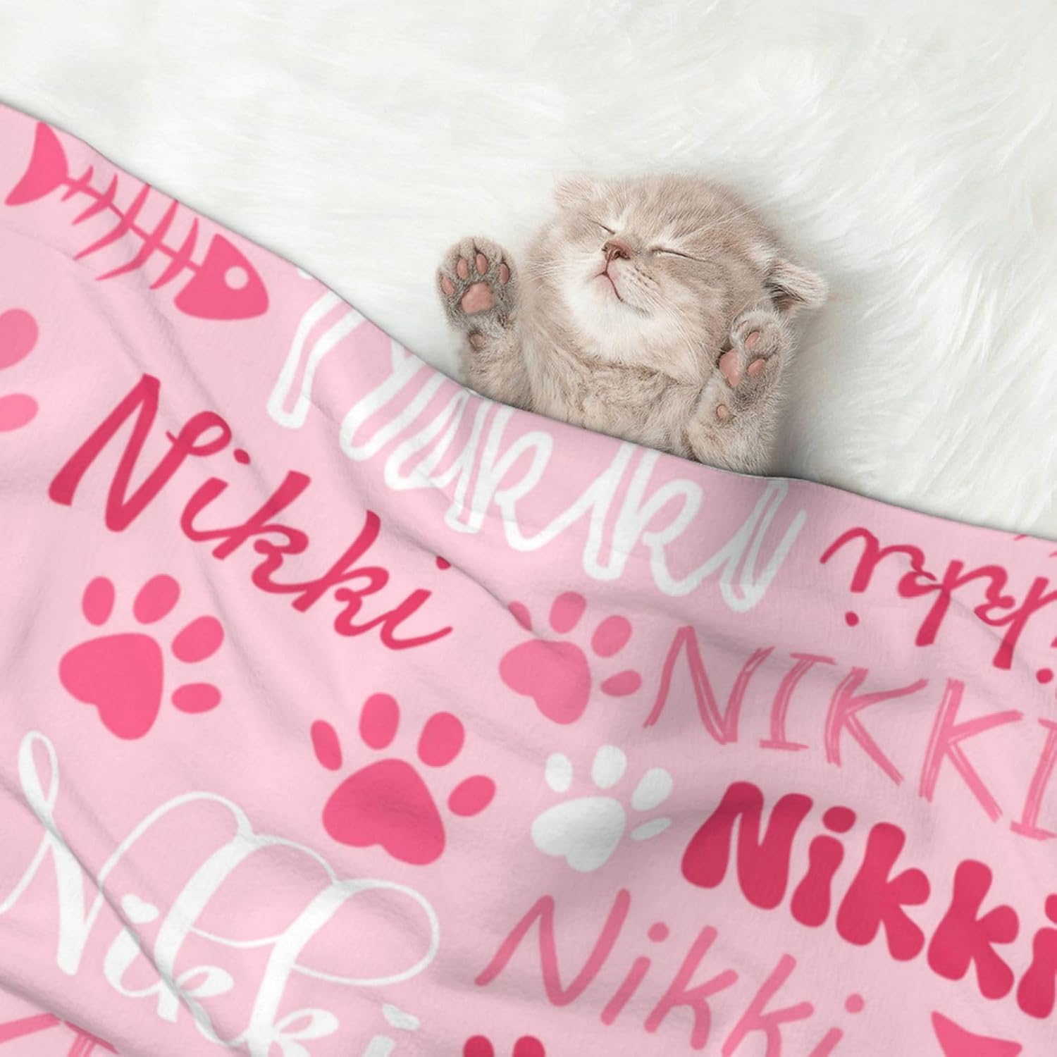 Personalized Pet Name Blanket Custom Catss Blanket,Cats Gift for Cats Lovers Mom Dad Cute Pink Cats Paw Soft Flannel Throw Blanket L 80"X60" Adults