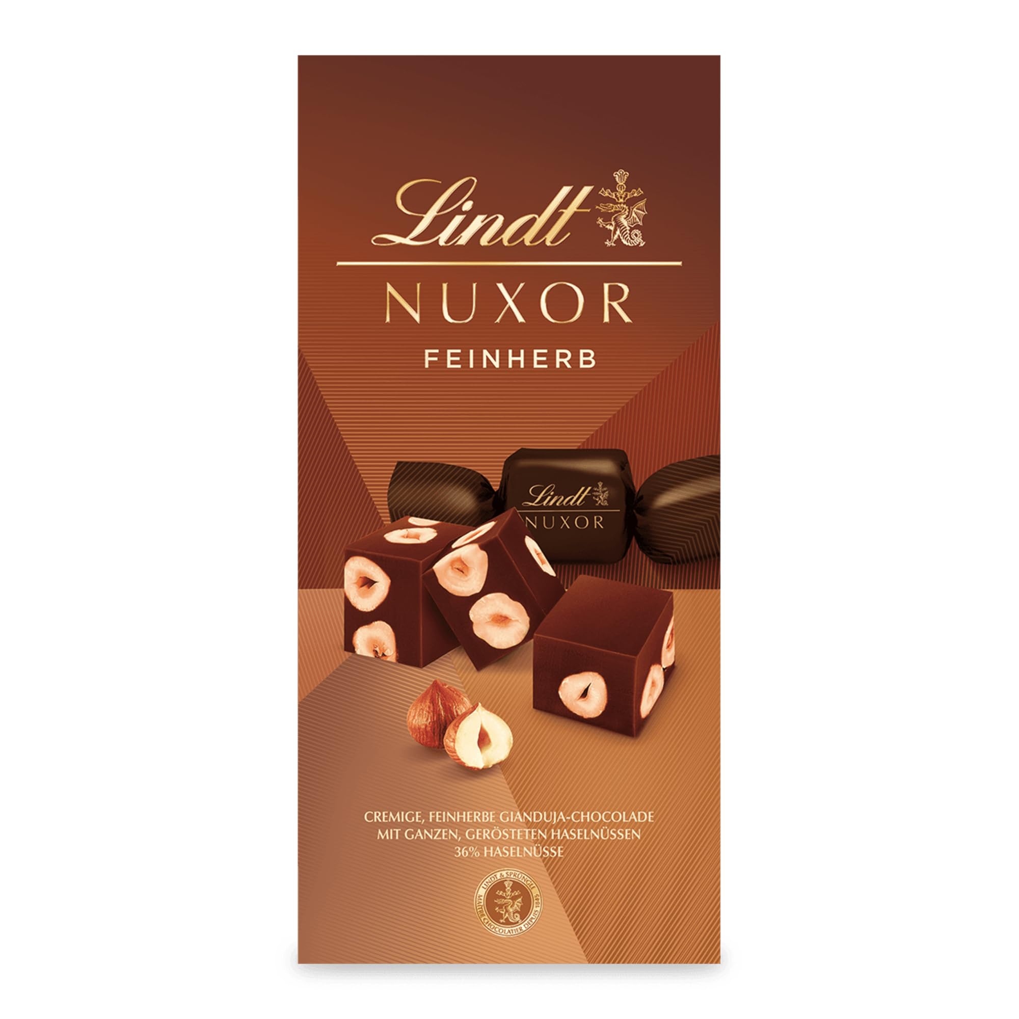Lindt Schokolade NUXOR Feinherb | 103 g Beutel | Feinherbe Gianduja Schokolade mit ganzen, gerösteten Haselnüssen | Pralinen-Geschenk | Schokoladengeschenk