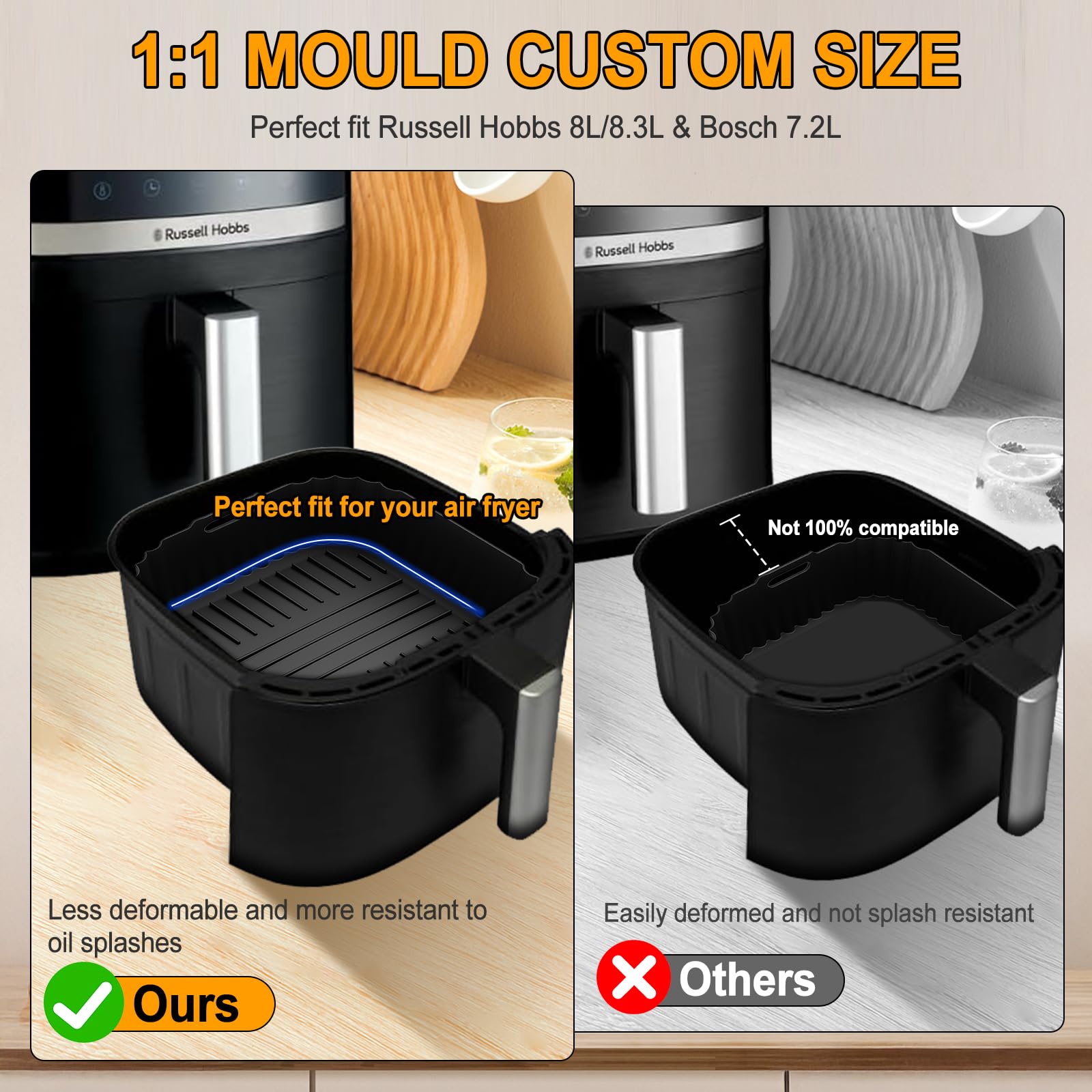 Silikonowa forma do frytkownicy na gorące powietrze Russell Hobbs XXL 8 l / 8,3 l, silikonowa forma nieprzywierająca, do frytkownicy na gorące powietrze Bosch, seria 6, XXL 7,2 l, silikonowa wkładka