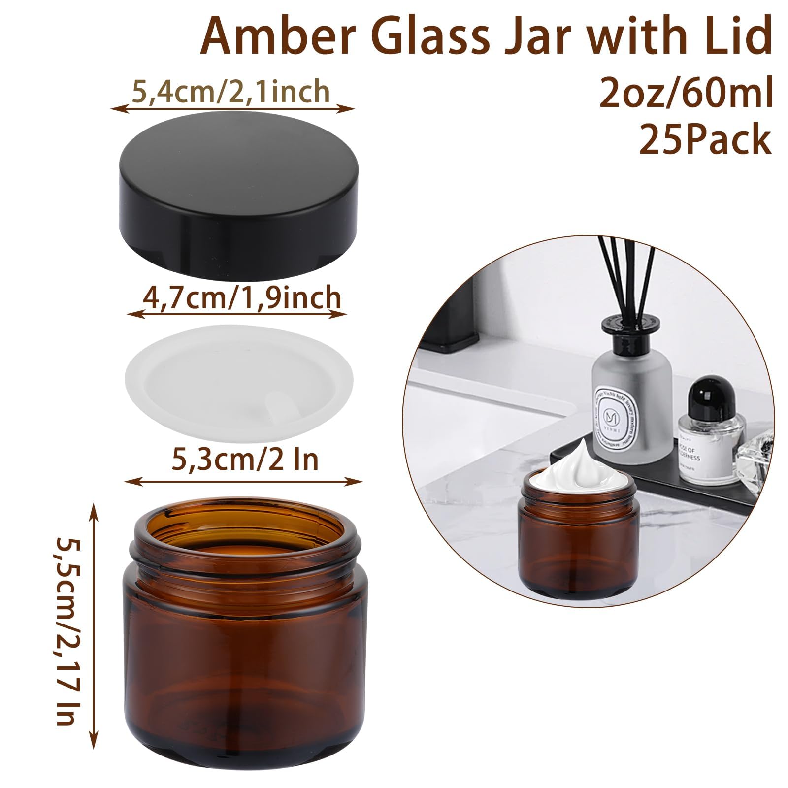 25 Stück Amber Glas Leerdose, 60ml Braunglas Salbentiegel Gläschen zum Befüllen, Salbentiegel Leere Glastiegel mit Schwarzen Deckeln- & Innen-Deckel für Kosmetik, Lotion, Cremes, Mini-Kerzen