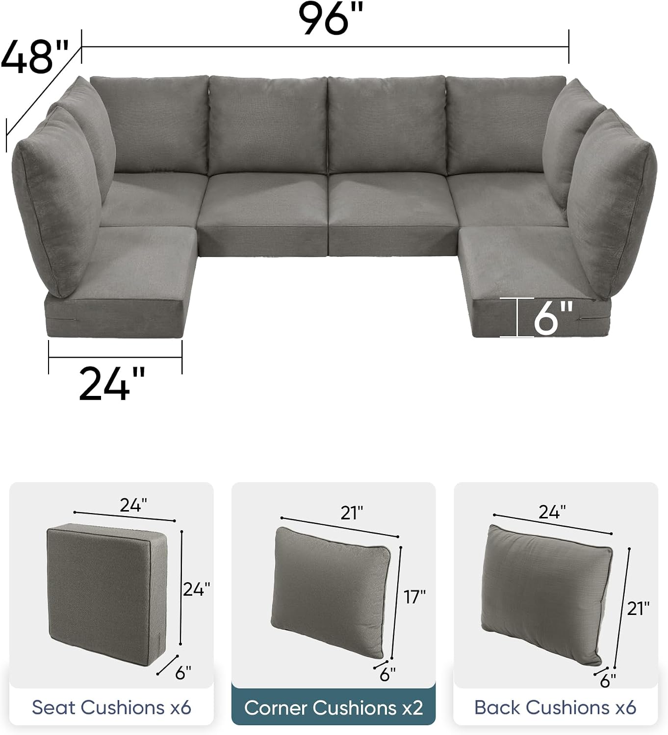 Luxury 24x24x6 Outdoor Seat Cushions for 6-Seat Sectional Sofa Set of 6 - Water-Repellent 14-Piece Patio Chair Cushion for Outside Rattan Wicker Loveseat Glider L-Shape Couch - Grey/Classic