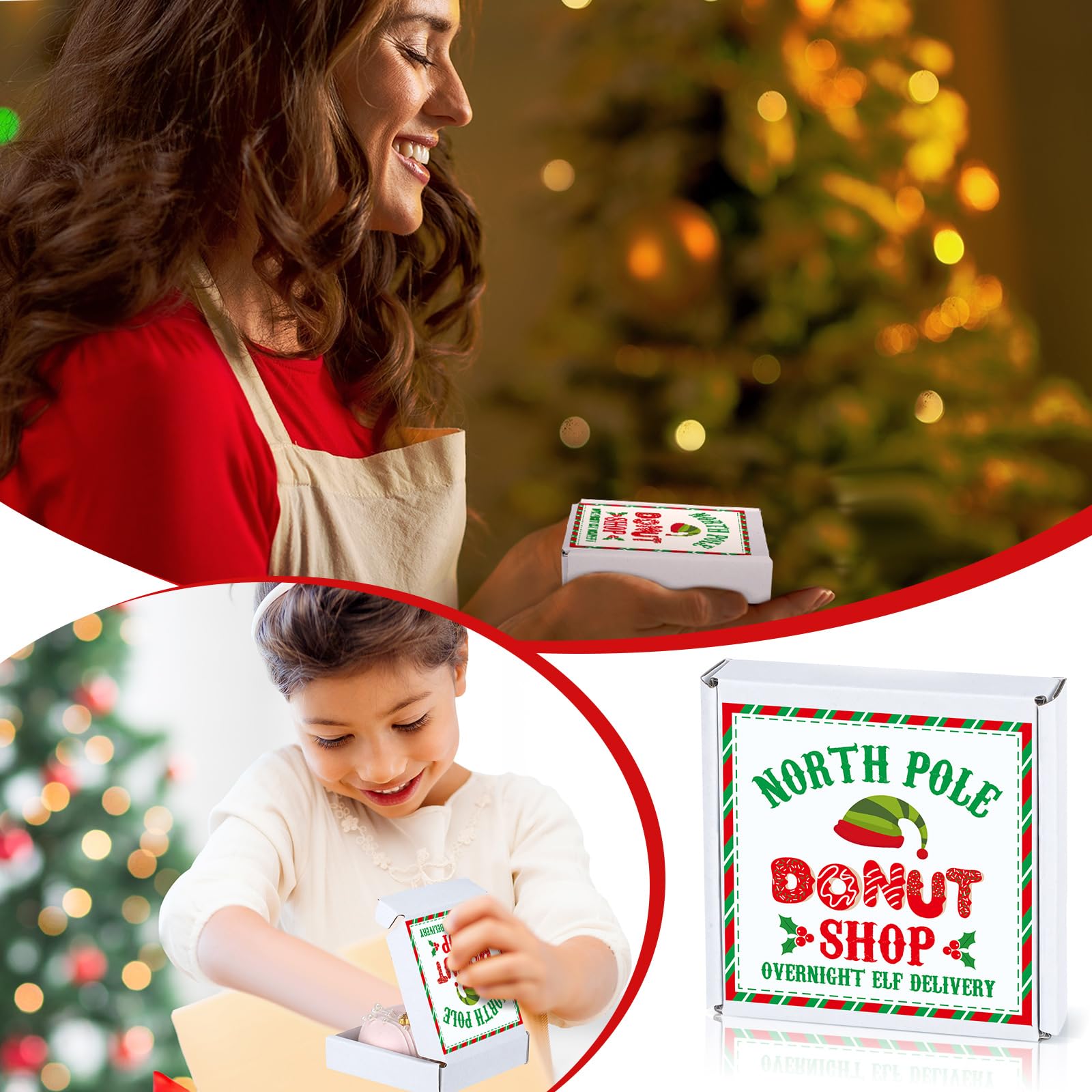 Tioncy Mini-Donut-Boxen für Weihnachten, 8,9 x 8,9 x 1,9 cm, Pizza-Boxen, Weihnachts-Spardose, flache Pappschachtel mit Weihnachtsaufkleber, für Feiern, Weihnachten, Geburtstag, Valentinstag,