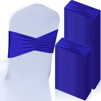 Moukeren 100Pcs Spandex Chair Sashes Bow Elastic Band Ties, Royal Blue