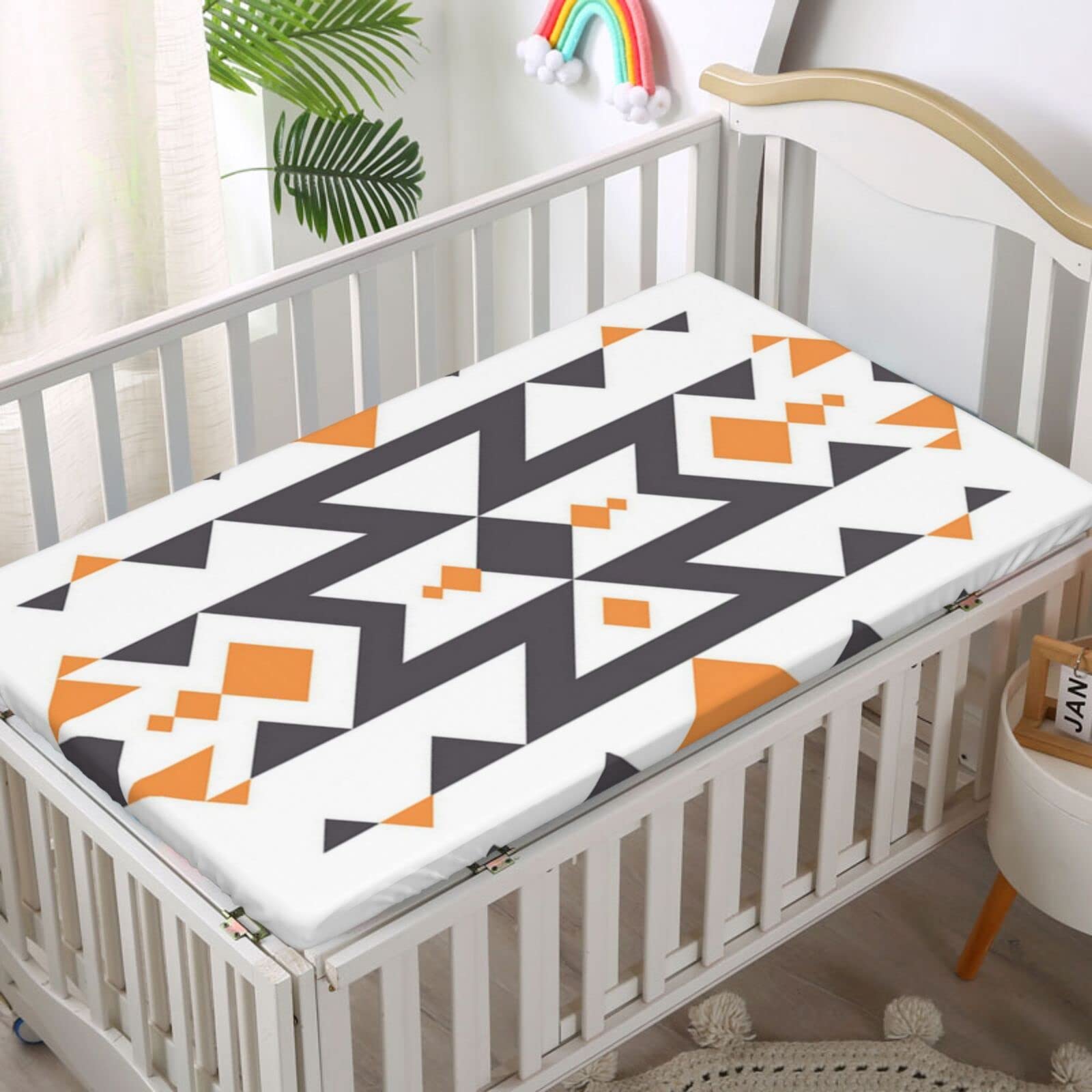 Aztec Themed Fitted Mini Crib Sheets,Portable Mini Crib Sheets Soft Toddler Mattress Sheet Fitted-Baby Sheet for Boys Girls, 24“ x38“,Orange Taupe