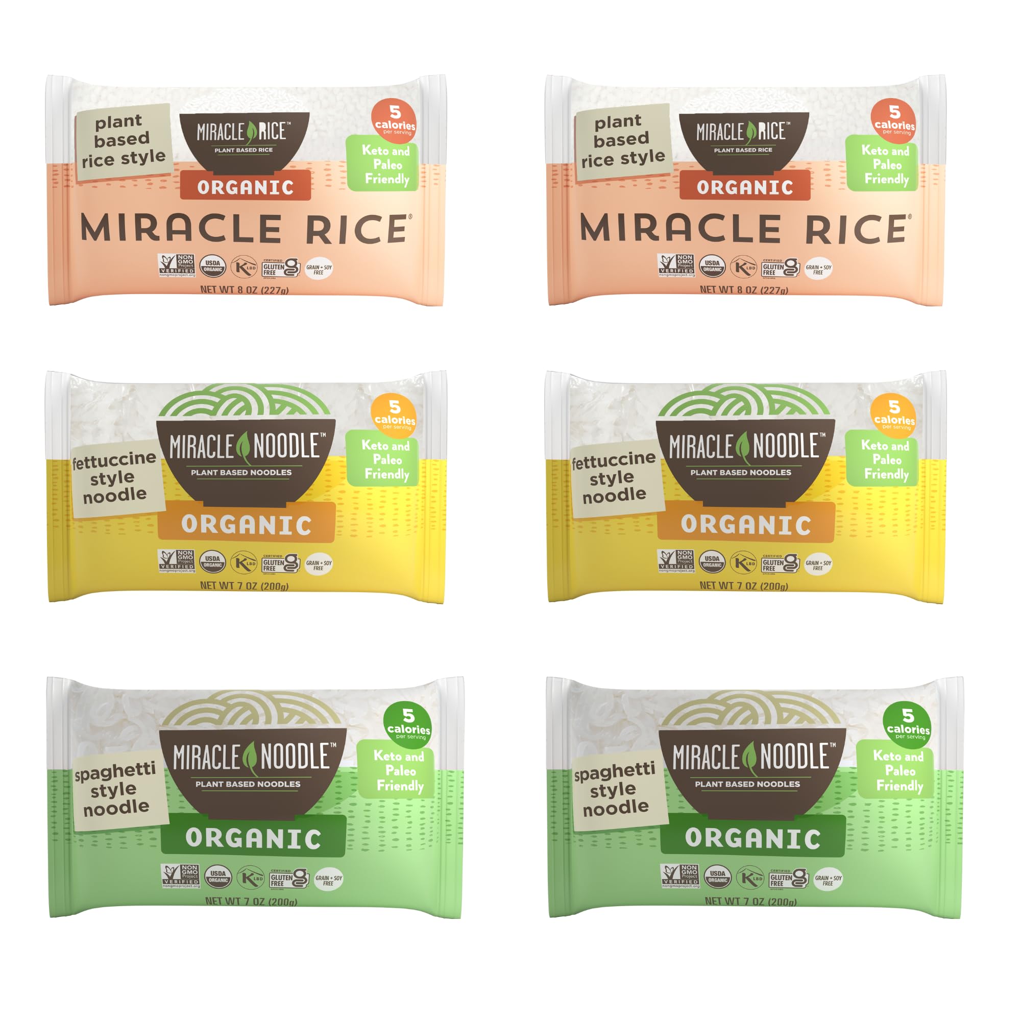 Miracle Noodle Organic Variety Pack (Pack of 6), Spaghetti, Fettuccine, Rice, Plant Based Shirataki Konjac Noodles, 5 Calories, 1g Net Carbs Per Serving, Keto, Gluten-Free