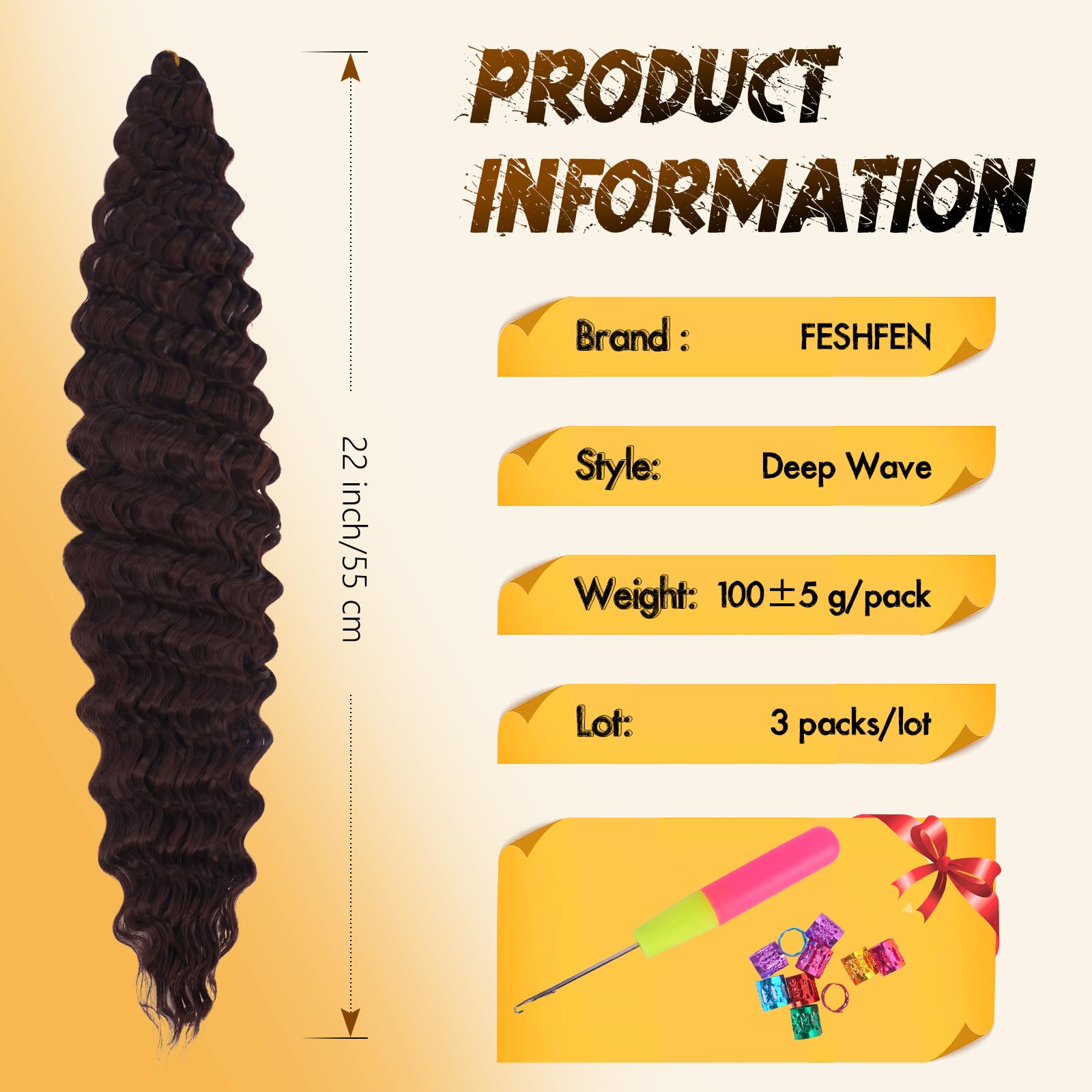 FESHFEN Ocean Wave Crochet Hair extension - 3 Pezzi Estensioni Capelli per Treccine a Onde Sintetici Ondulati Braiding Trecce Boho Posticci Extensions per Donne, 55 cm Castano