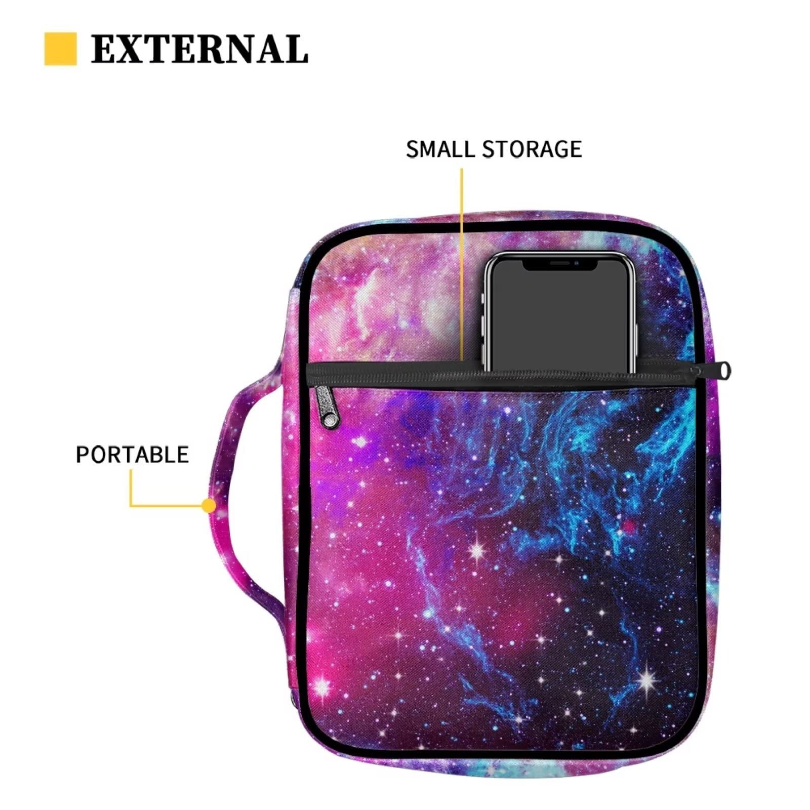 ZIATUBLES Polyester Galaxy Purple Print Bible Covers for Women Girls Standard Size Bible Cover with Handle Zippered Pockets and Pen Slots Multi-Functional Bible Case Bible Bag - Image 4