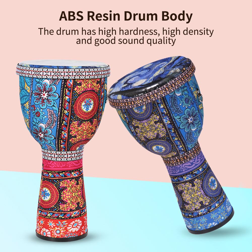 Tamburello a mano africano da 20,3 cm, portatile, strumento a percussione per djembe con motivi artistici per bambini Tamburello leggero, strumenti musicali per l'illuminazione della prima infanzia