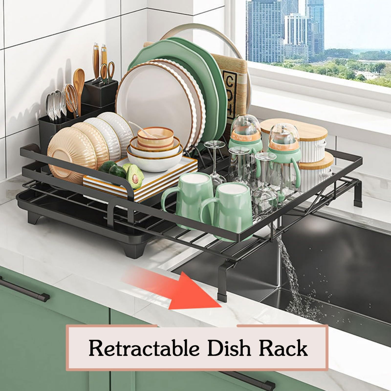 Escurridor de Platos Extensible Acero al Carbono Escurridor de Platos con Bandeja Recogegotas y Portacubiertos Secador Boquilla Extensible y Giratoria 360° Ahorra Espacio Secaplatos