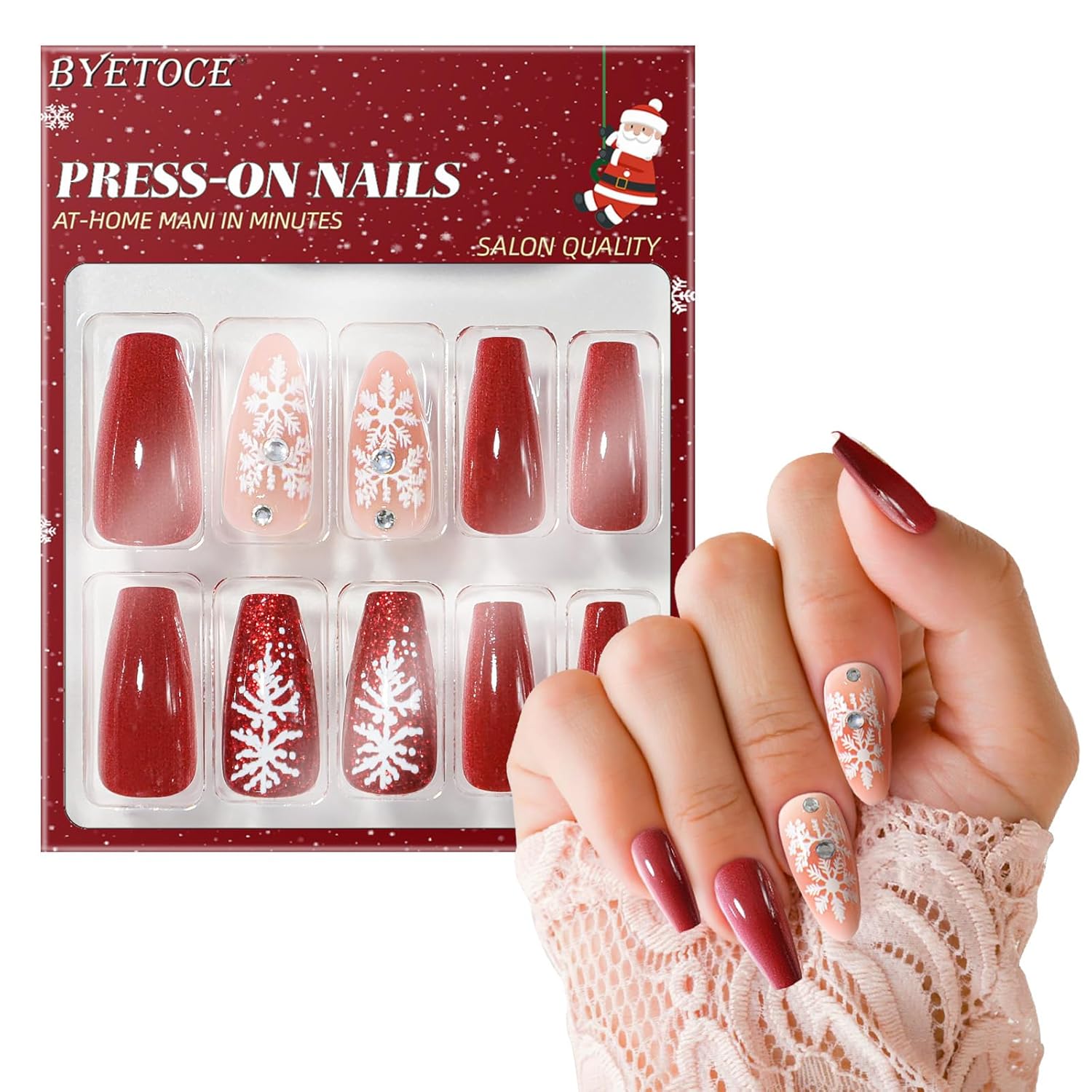 Christmas Press on Nails Medium Almond Red Fake Nails 3D Winter Snowflake False Nails with Diamonds Designs Full Cover Acrylic Artificial Nails Stick on Nails for Xmas Manicure 24 PCS design 57