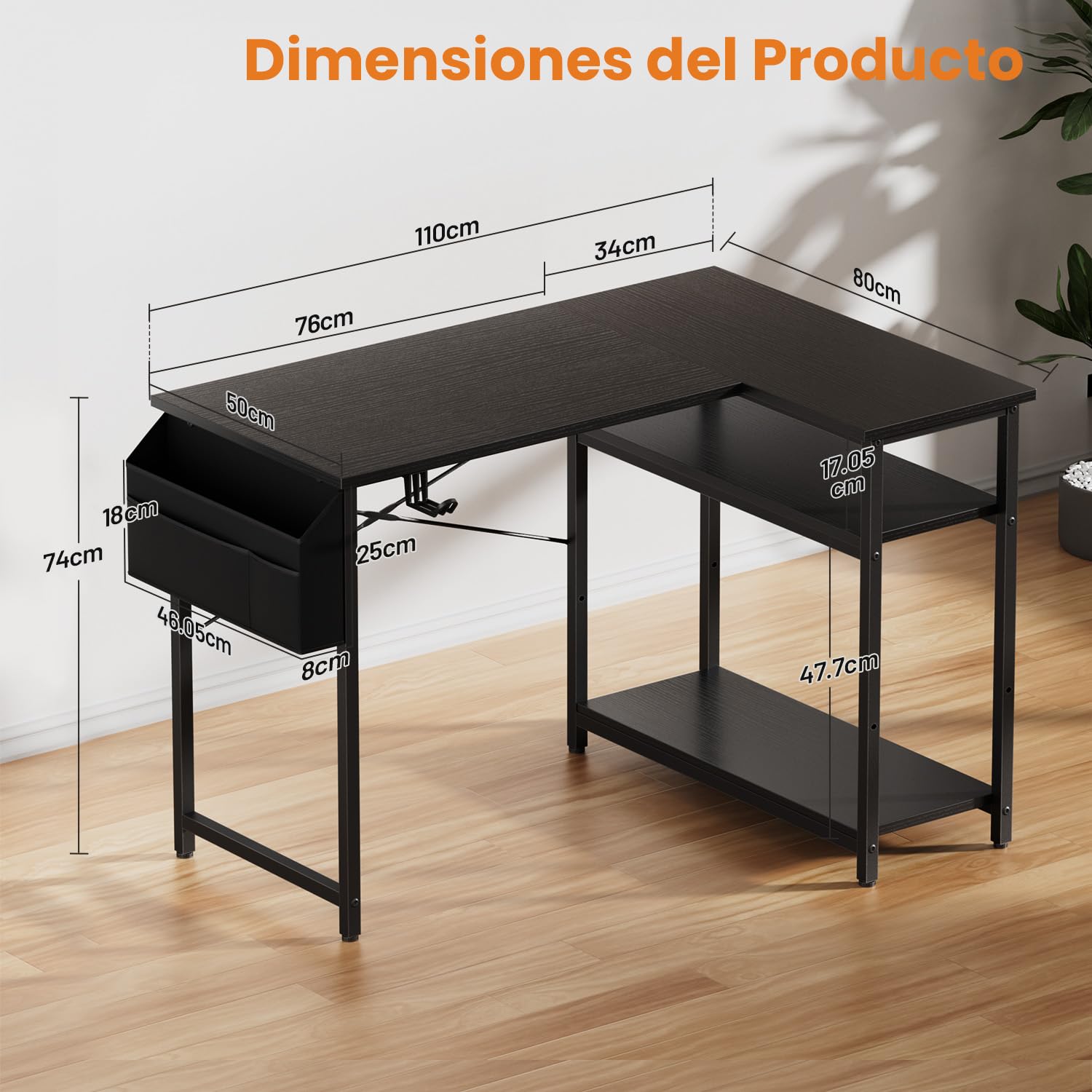 SOLAVERO Escritorio Esquinero 110 x 80 cm, Mesa Gaming con Estante Reversible, Escritorio en L con Almacenamiento, Mesa Ordenador para Oficina en Casa, Estudio y Juegos, Negro