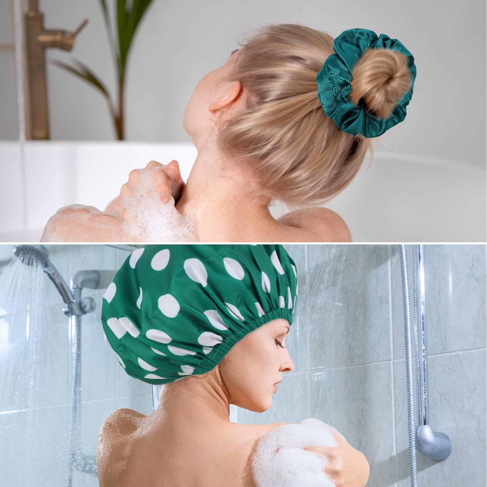 Paquete de 2 gorros de ducha grandes para mujer, reutilizables, impermeables, con coleteros para cabello largo y grueso (azul/verde)