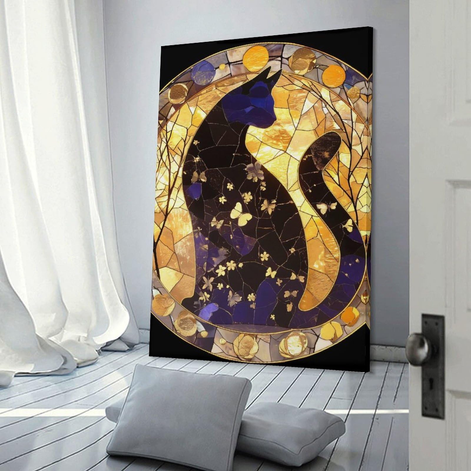Junmoney Frame-Style-12 Canvas Wall Picture Stained Glass Cat With Butterflies, 20X30inch(50X75cm), For Bedroom, Lounge Or Dressing Area, Stylish Decor For A Restful Room Update
