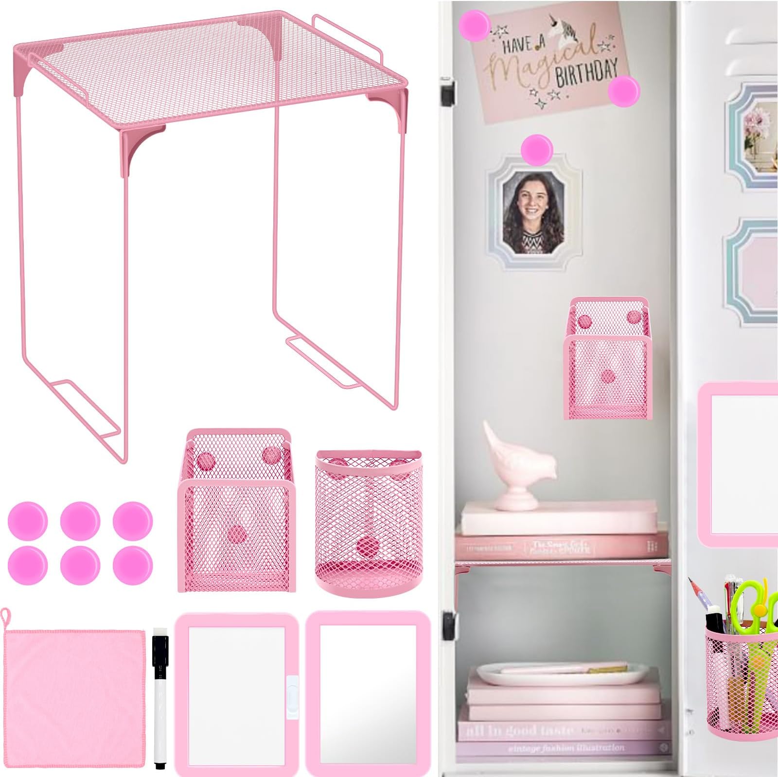 Locker Organizer, Back to School Essentials Locker Accessories for Girls, Locker Set Include Locker Shelf, Locker Mirror, Whiteboard, Dry Erase Markers Holder and More (Pink)