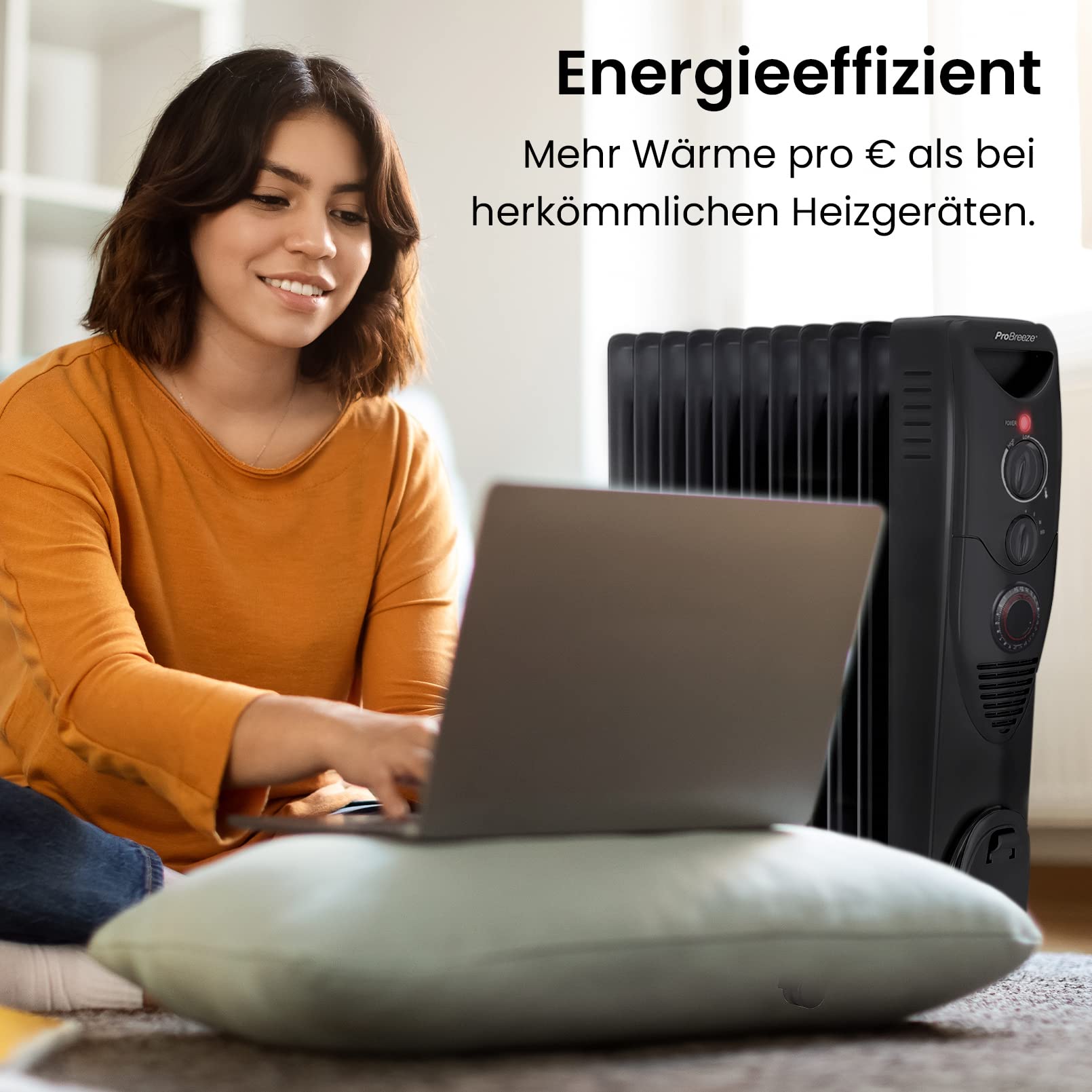 Pro Breeze 2500W Ölradiator energiesparend - Elektro Heizkörper mit 11 Rippen, integrierter Zeitschaltuhr, 3 Heizstufen, regulierbaren Thermostat und Sicherheitsabschaltfunktion - Schwarz