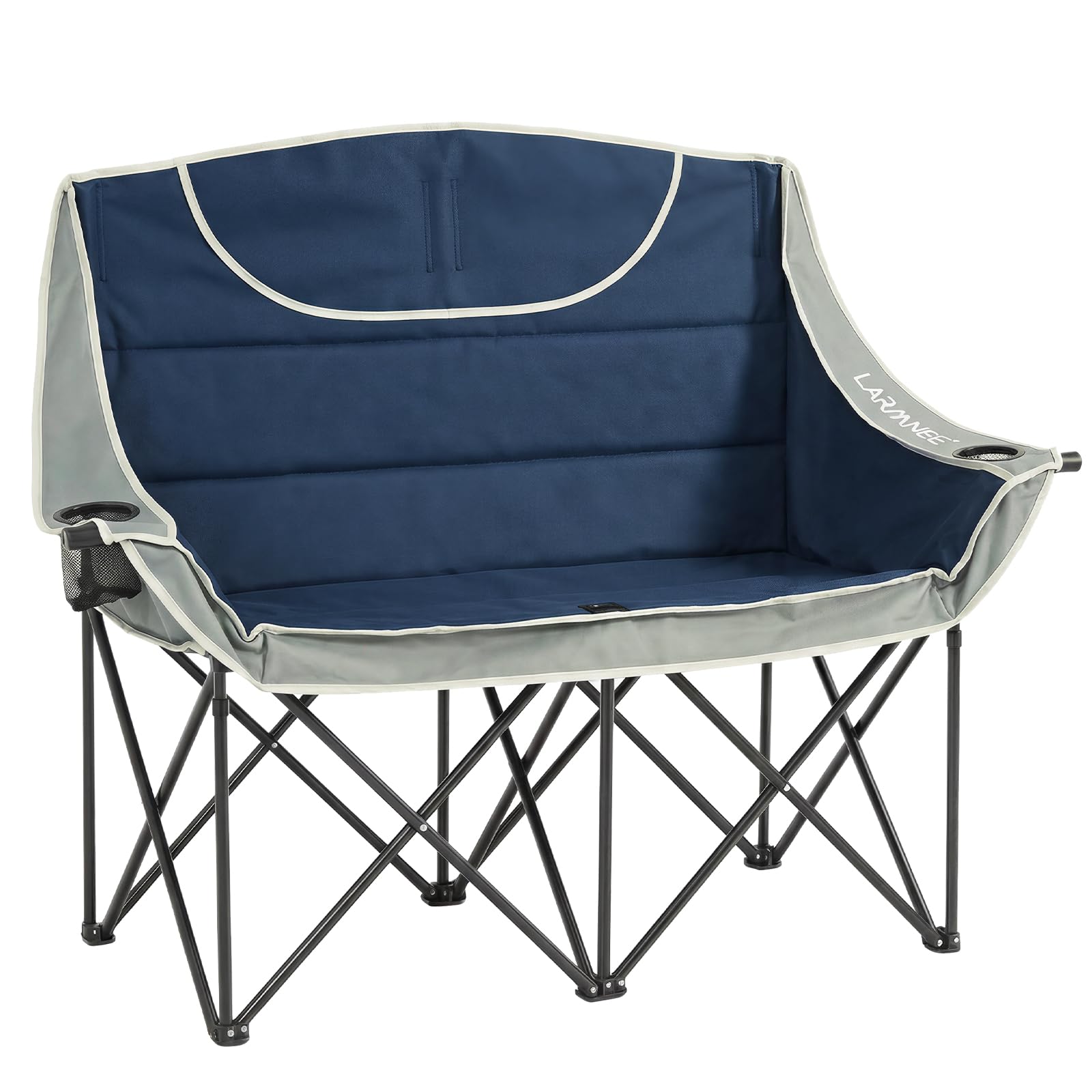 LARMNEE Sofá de Camping Plegable con 2 Portavasos, Sofá Doble de Camping, Ancho 50 cm, Silla Plegable con Carga de 200 kg, para 2 Personas, con Bolsa de Transporte, Pesca, Azul y Gris EBU03LC02