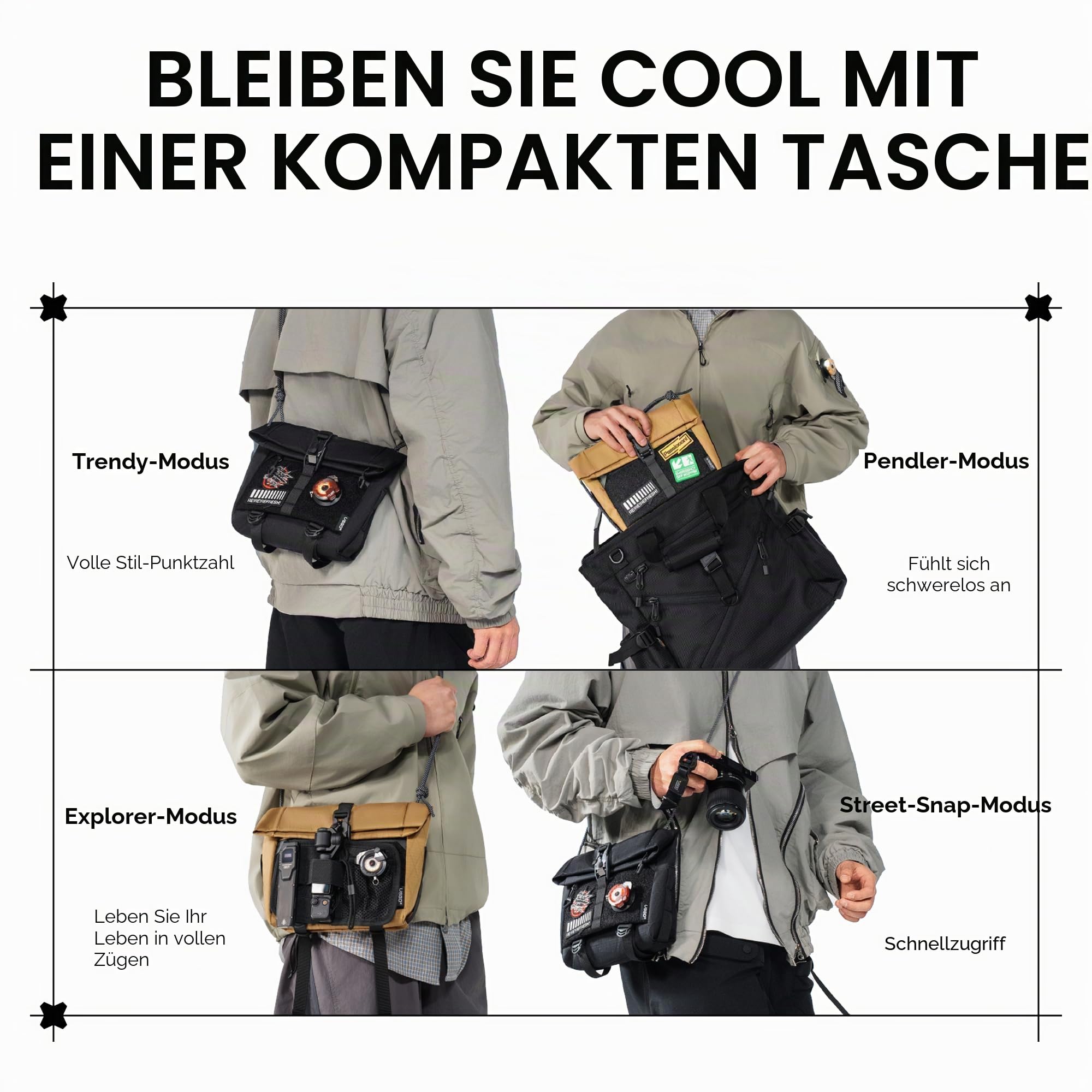 VSGO 3 L Sling Bag für Herren – Wasserfeste Techwear-Brusttasche mit erweiterbarem Kordelzug, versteckter Tasche