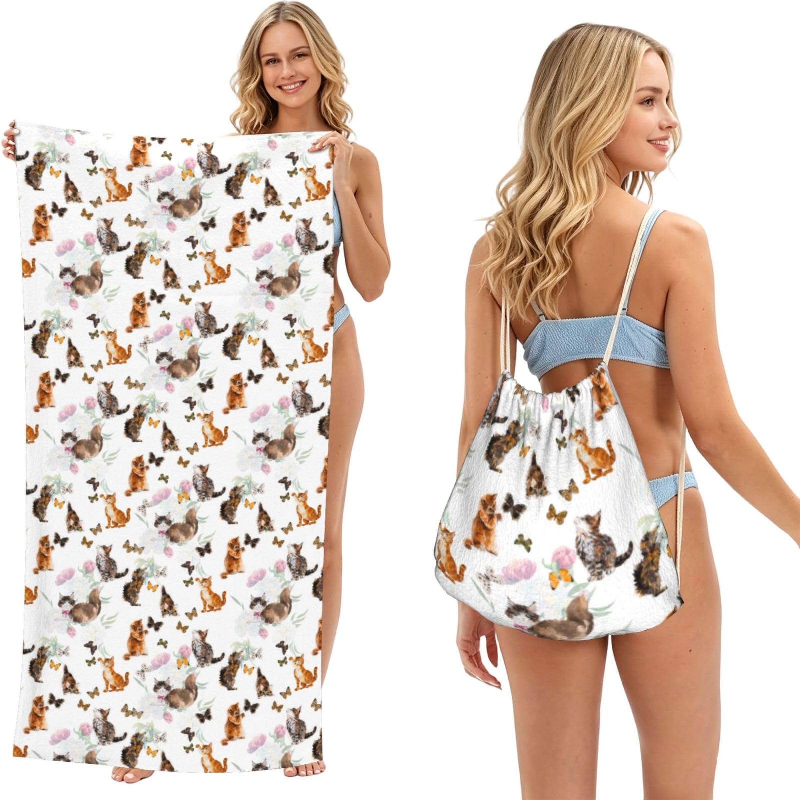 WSHFFILO Cute Kitten Butterfly printed 2 in 1 Packable Towel Bag Bath Towel Beach Towel